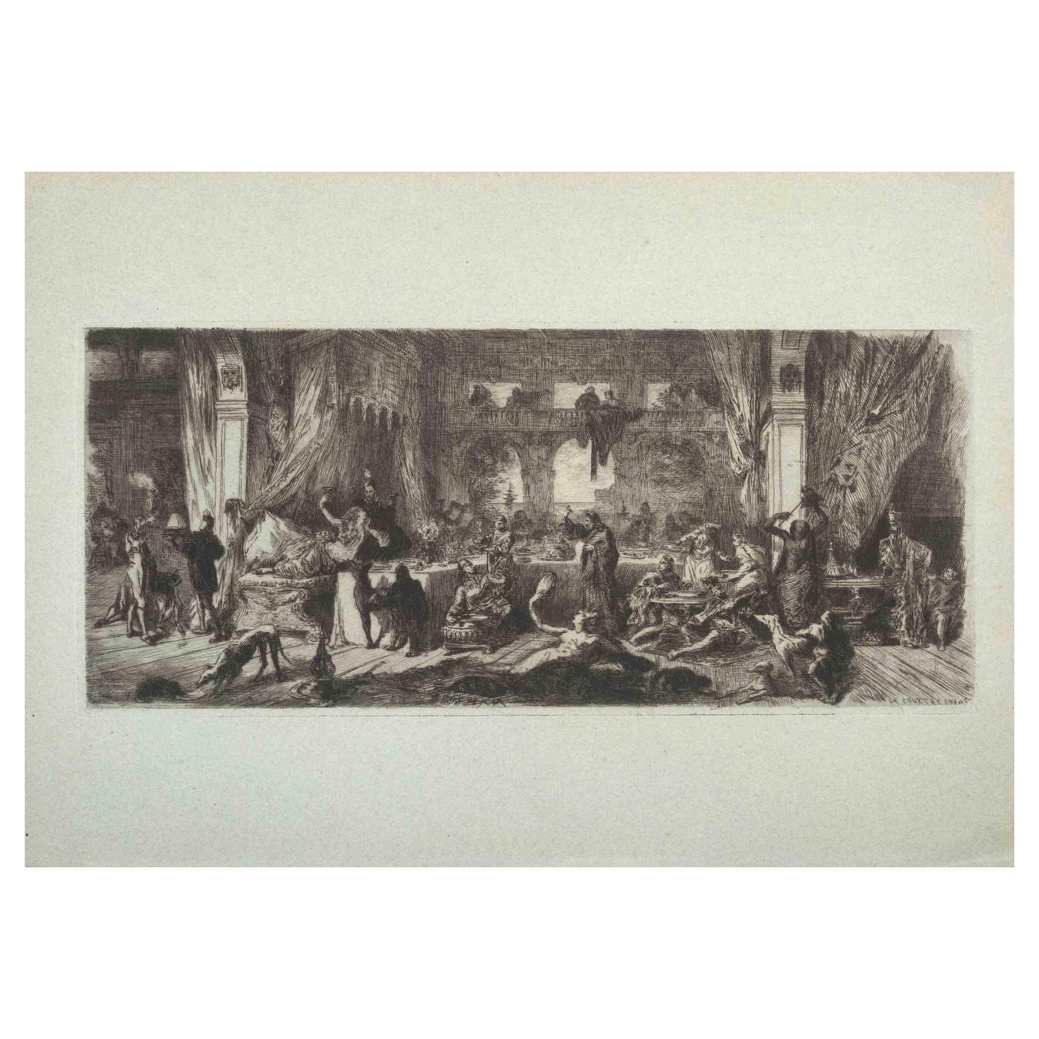 The Party - Original-Radierung von Charles Courtry - Ende des 19. Jahrhunderts