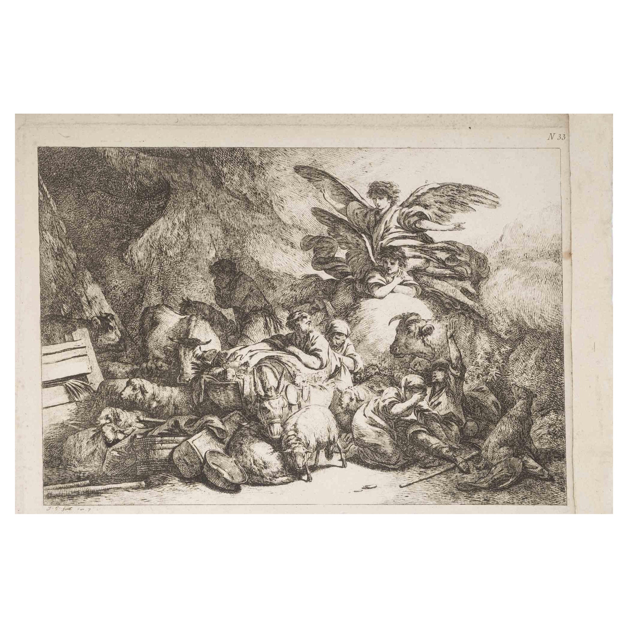 Figurative Print Jean Baptiste Huet - « The Arrival of the Angels » (L'arrivée des anges) - Gravure originale de J.B. Huette - XVIIIe siècle