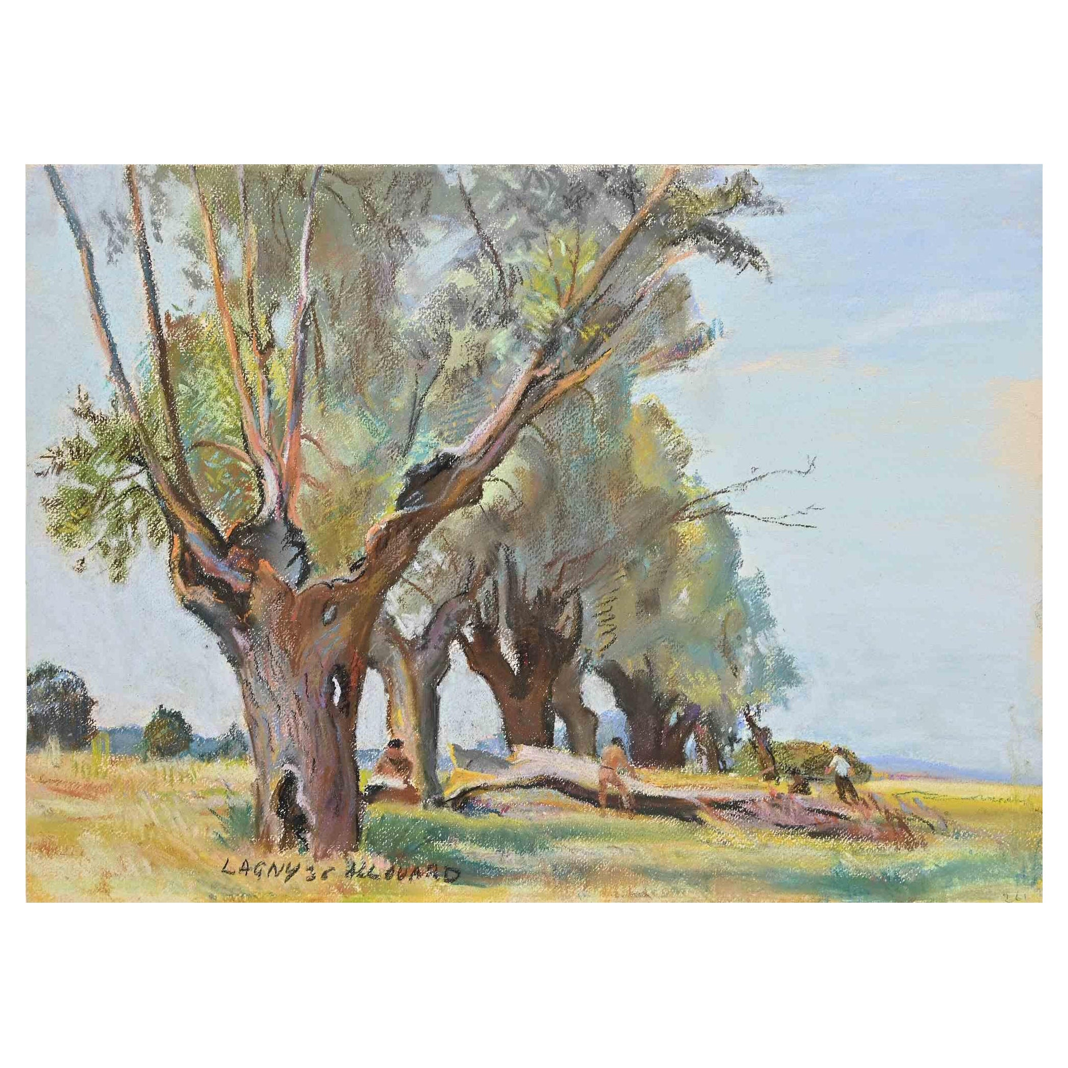 Landschaft in Lagny ist ein Original Pastell und Aquarell von Paul Alouard-Carny (1884-1961) aus dem Jahr 1936.

Guter Zustand auf vergilbtem Papier.

Handsigniert vom Künstler in der linken unteren Ecke.

