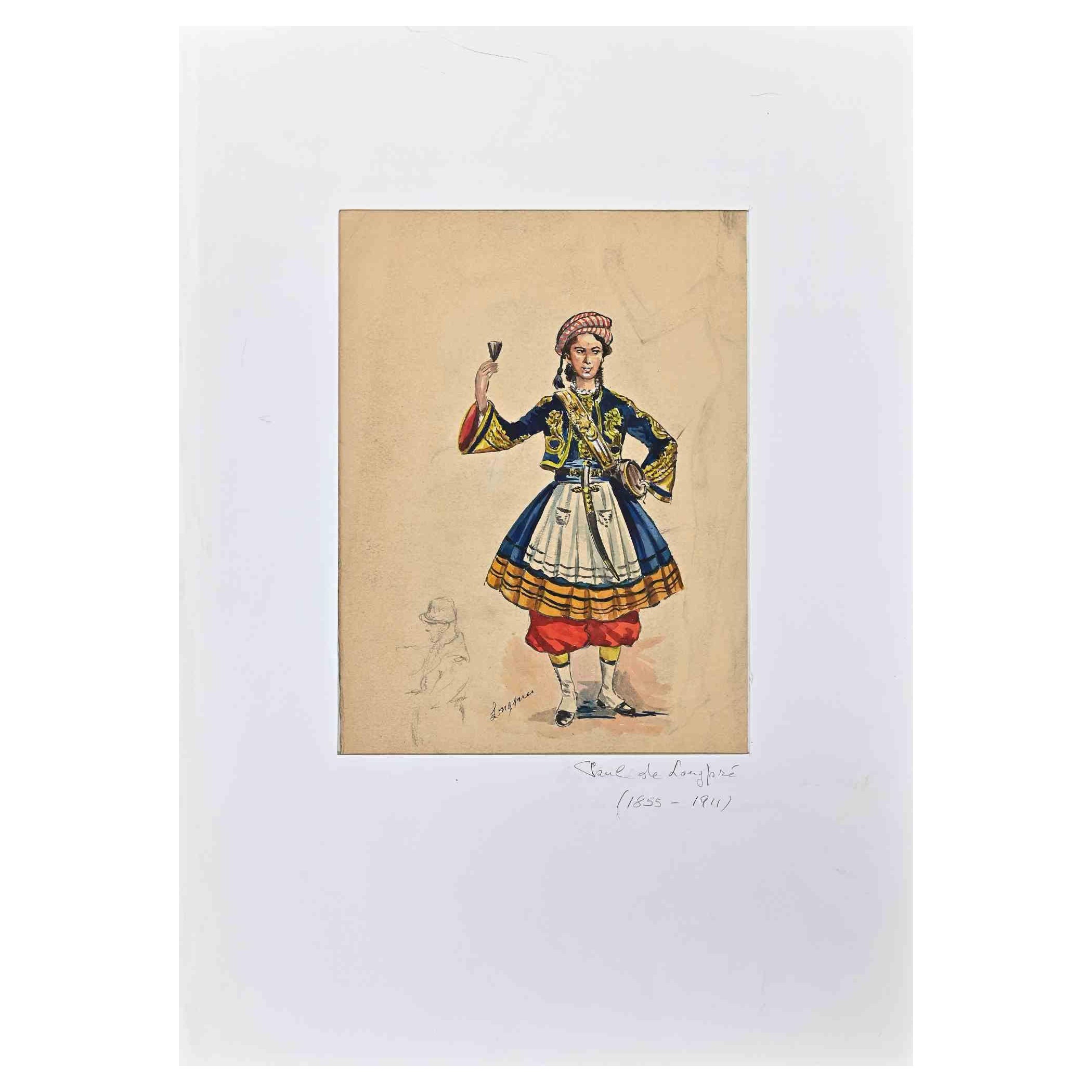Figure de femme - Dessin original de Paul de Longpré - Fin du XIXe siècle