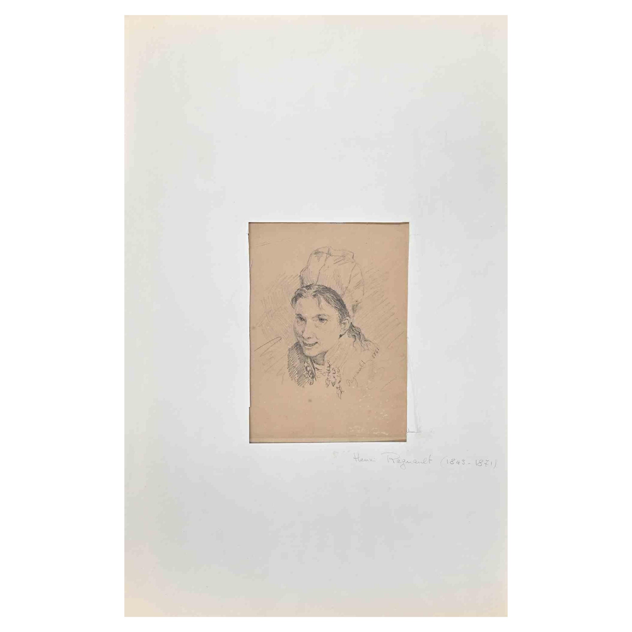 Portrait de femme - dessin original au crayon d'Henri Regnault - 1861