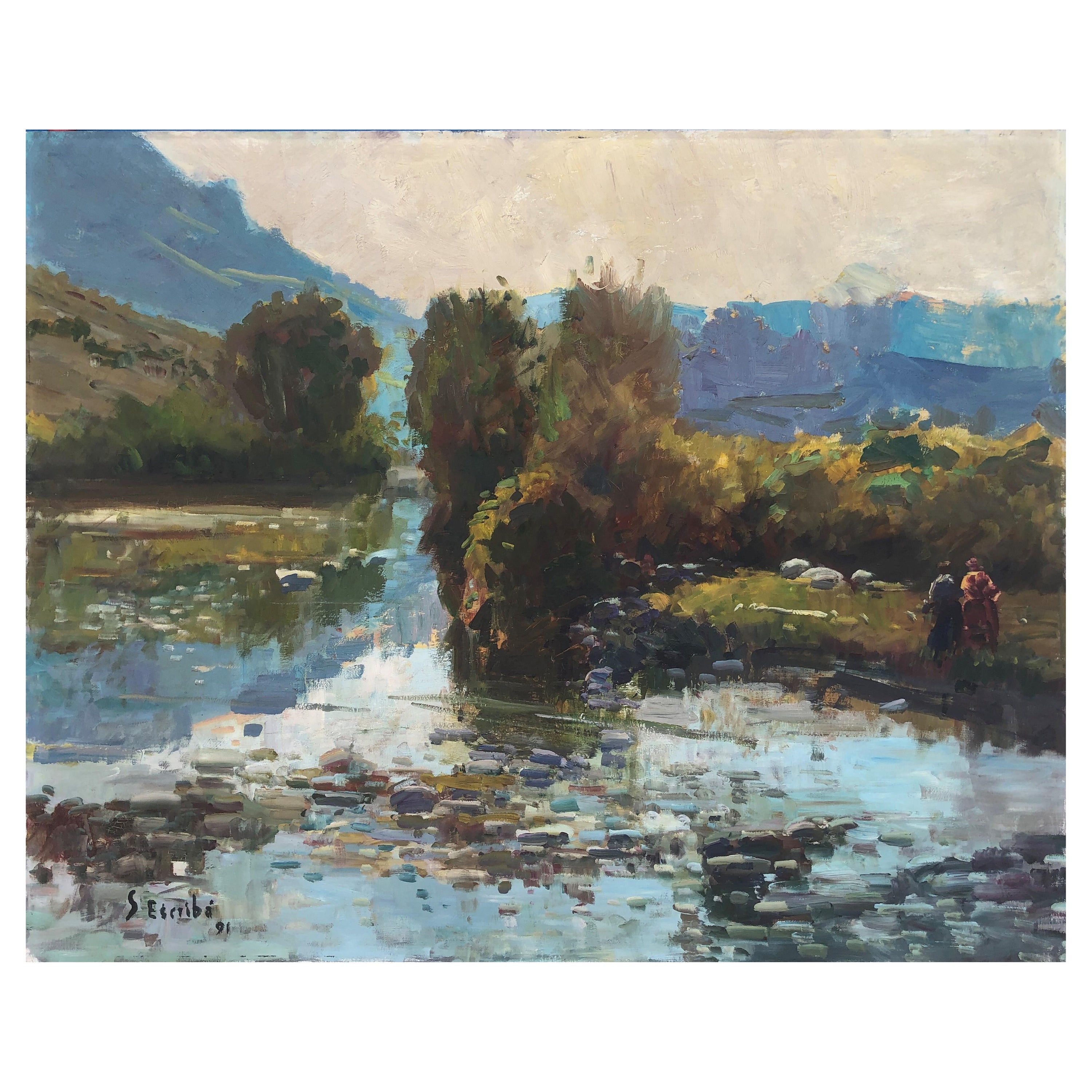Miguel Serra Escriba Landscape Painting - Spanish landscape with river oil on canvas painting