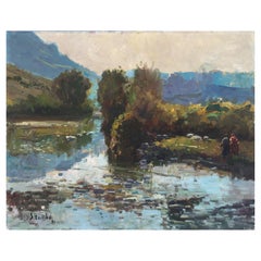 Vintage Spanish landscape with river oil on canvas painting