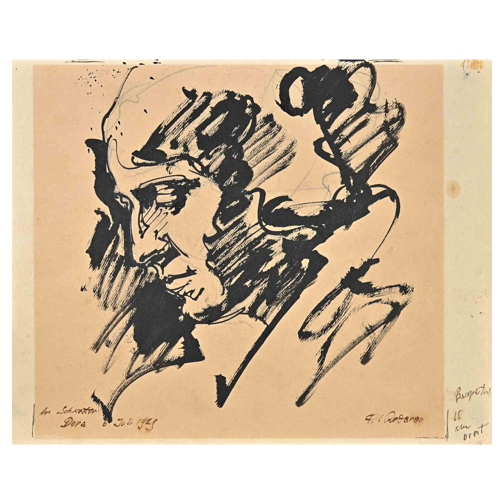 Porträt – Original schwarze Markerstiftzeichnung – 1929