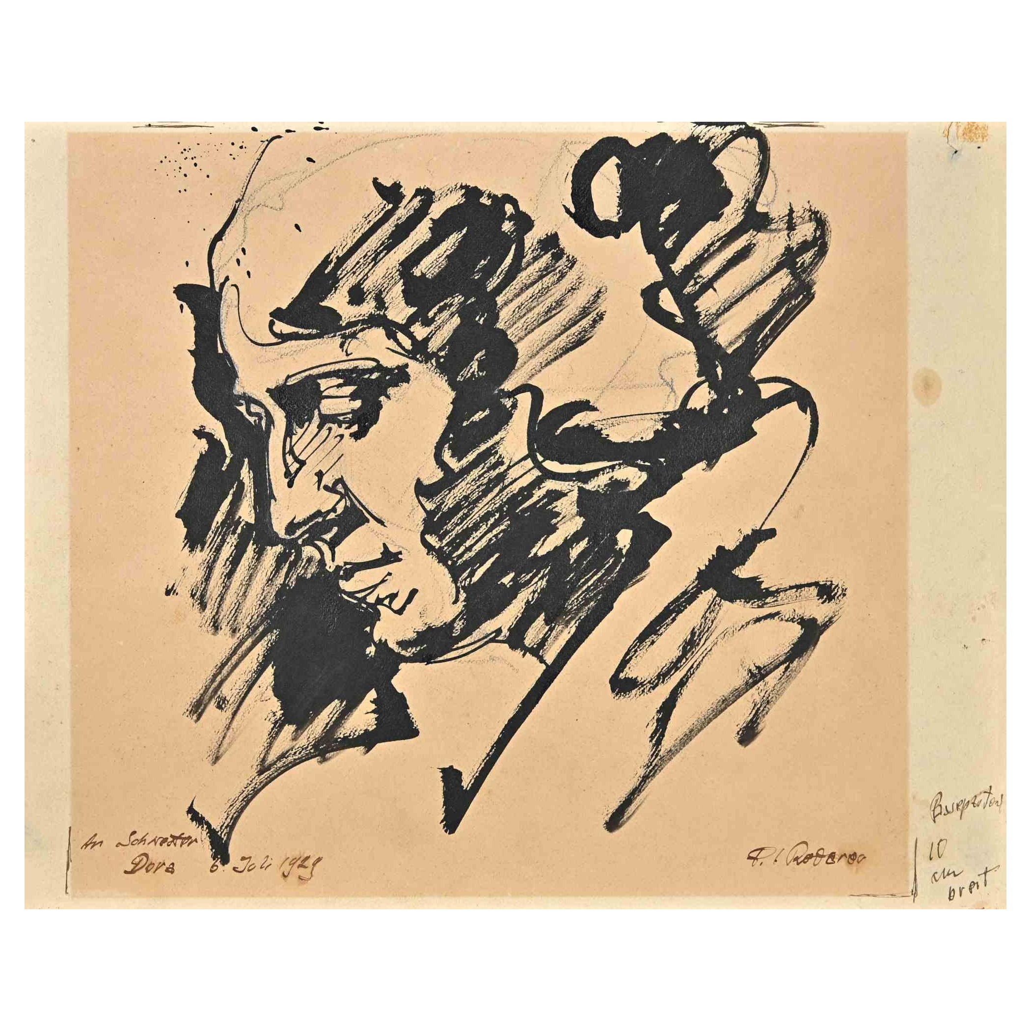 Unknown Figurative Art – Porträt - Original Schwarze Bleistiftzeichnung mit Marker - 1929