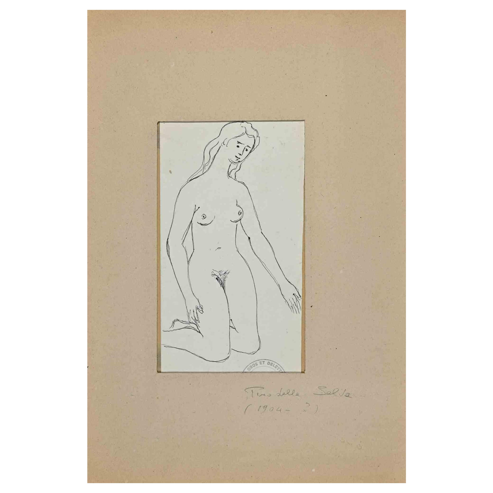 Nude of Woman - Original China Ink Drawing by Pino della Selva-Mid-20th Century