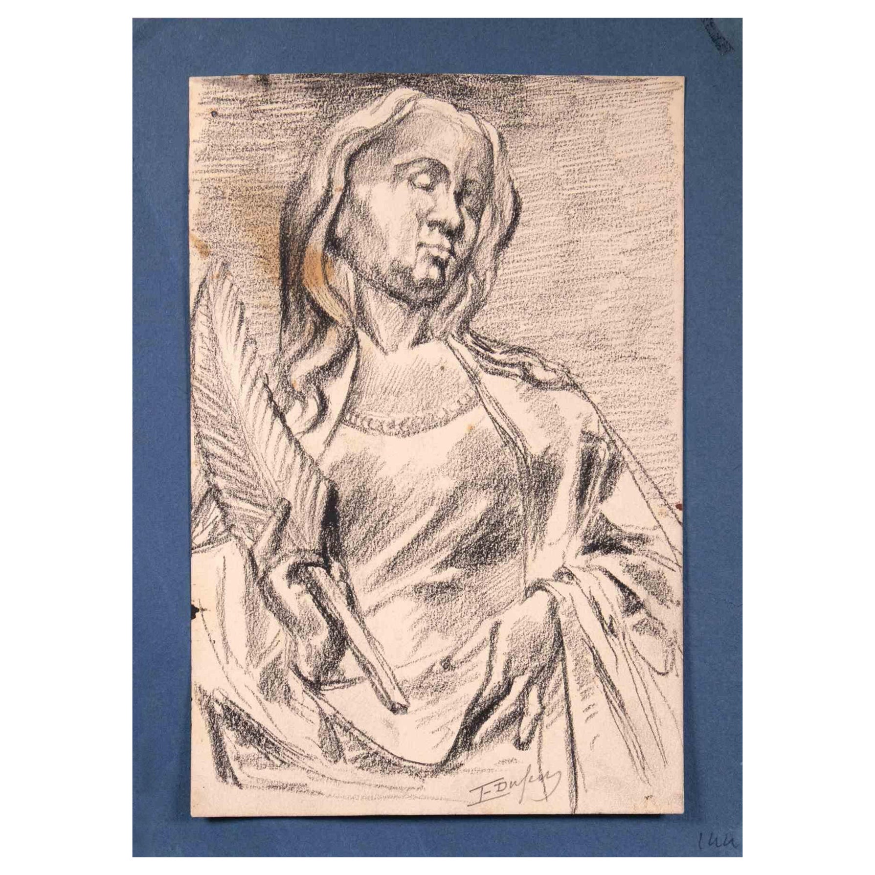 Portrait - Original Charcoal Drawing By Edouard Dufeu - Late-19th Century