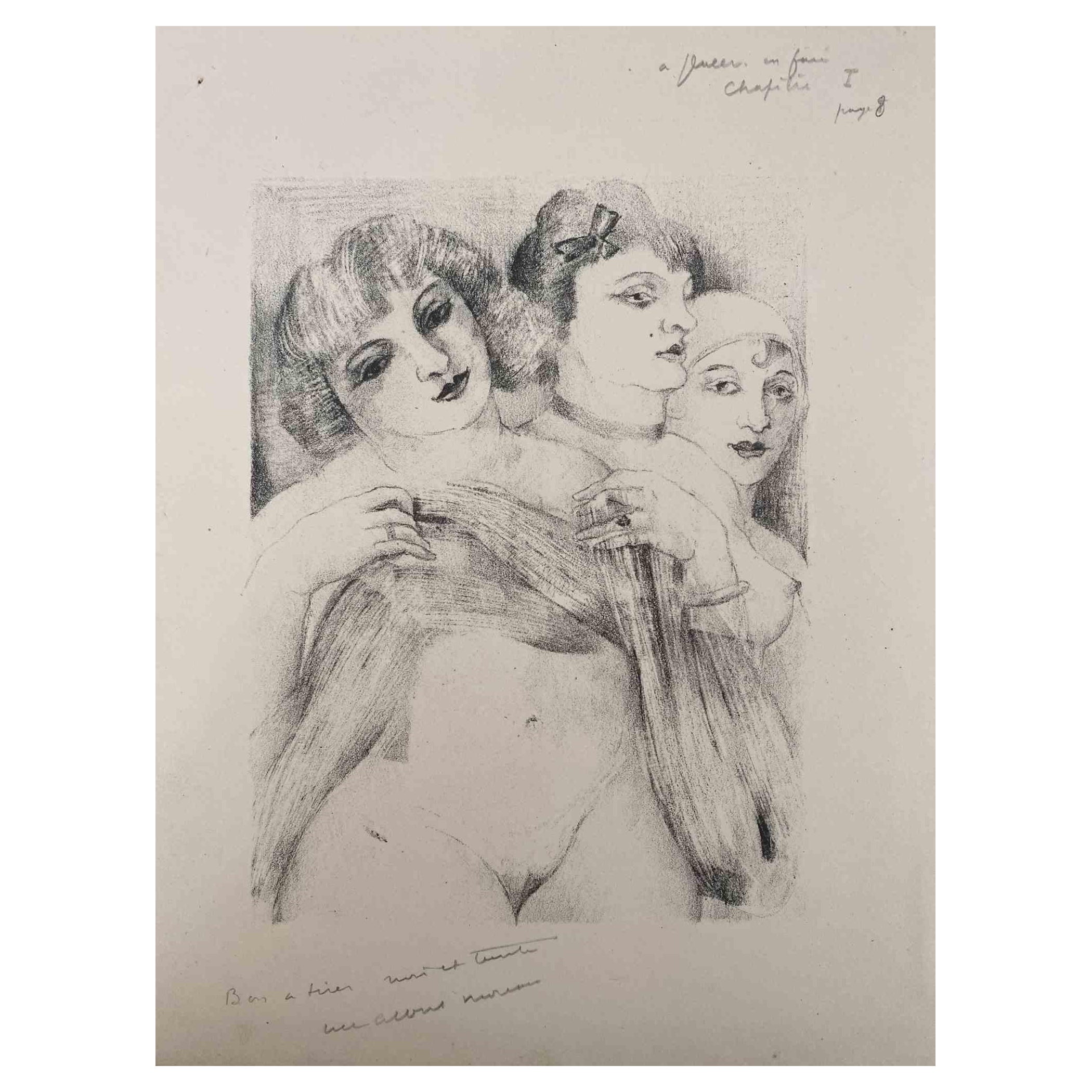 Trois femmes nues - Lithographie originale de Luc-Albert Moreau - Début du XXe siècle