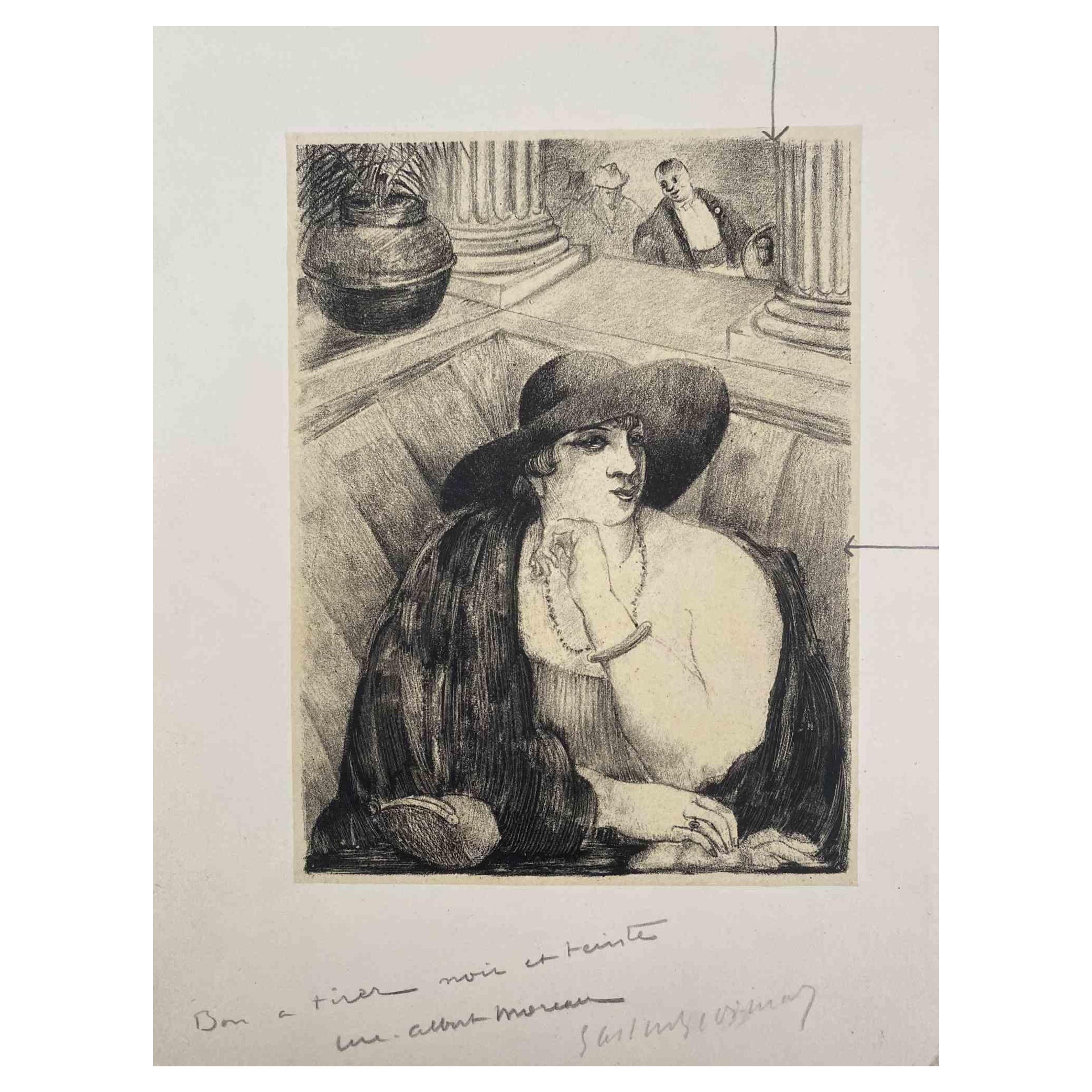 Lady in Saloon – Originallithographie von Luc-Albert Moreau – Anfang des 20. Jahrhunderts