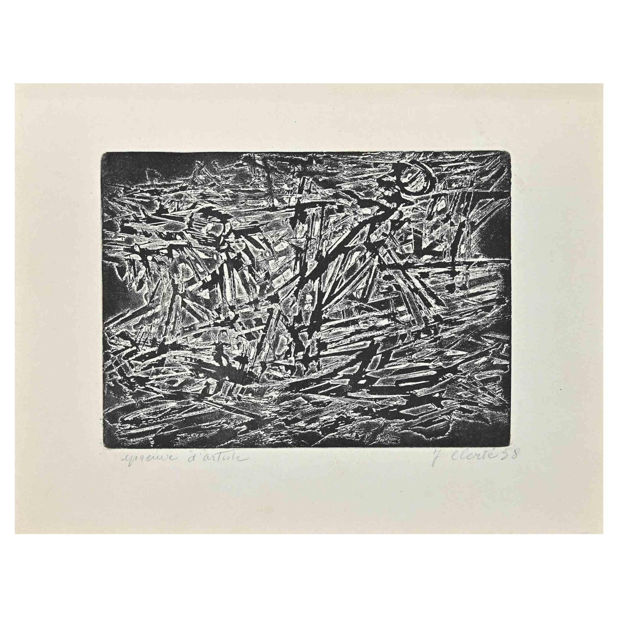 Abstract Composition is an original Etching realized by Jean Clerté in the 1980s.

The artwork is depicted through confident strokes in a well-balanced composition.