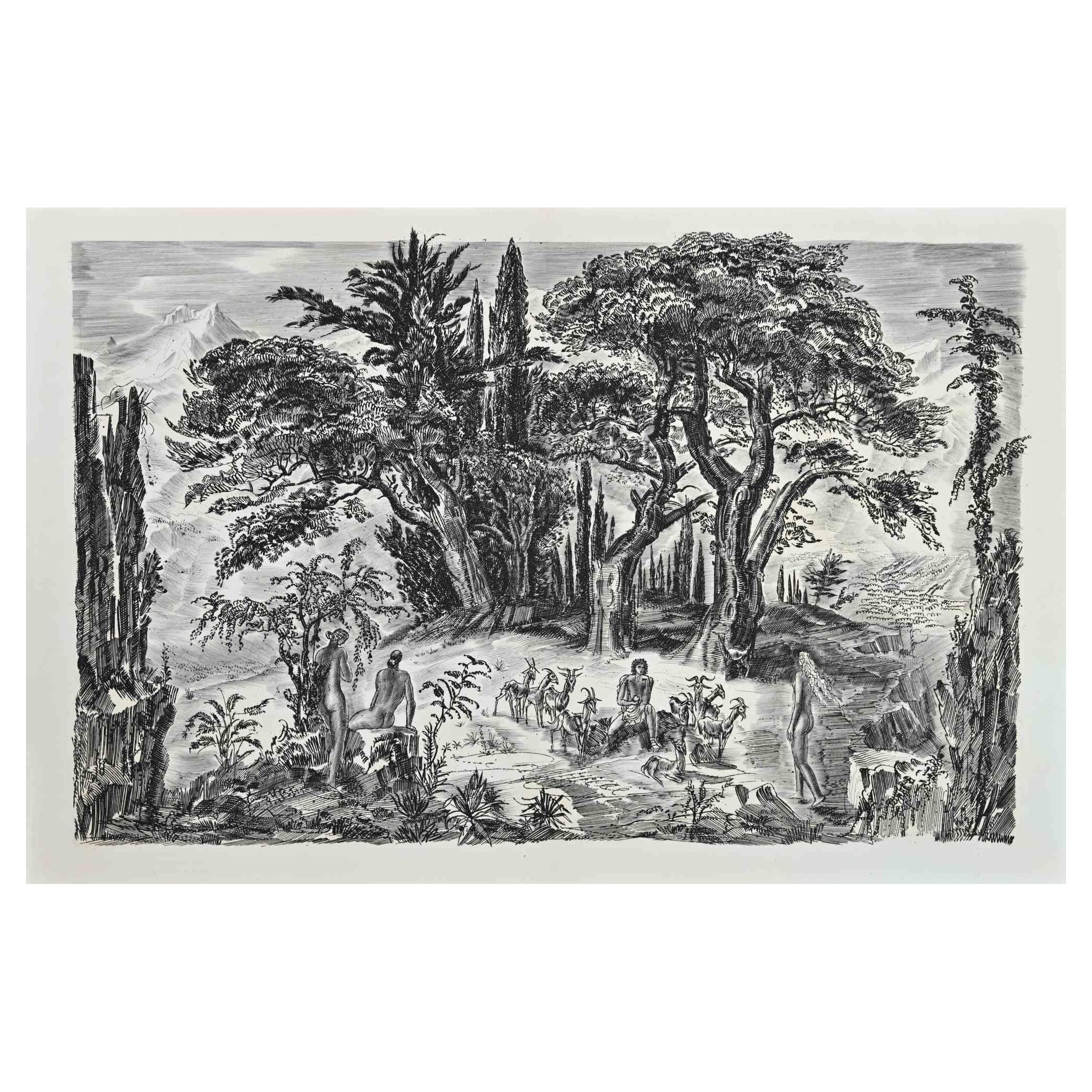 Landscape - Chia Ink Drawing  by Albert Decaris - Mid-20th Century