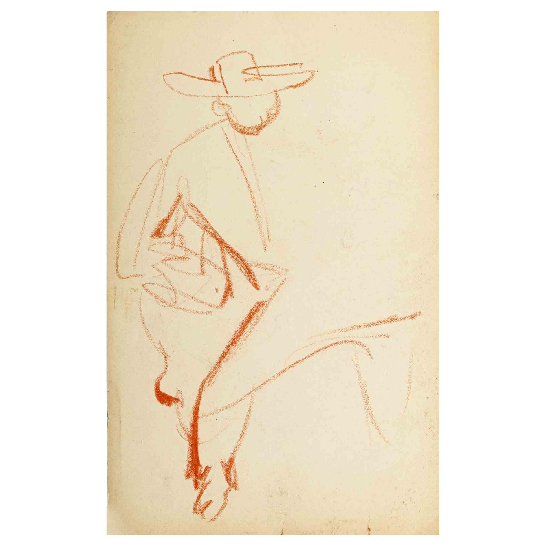 Portrait - Dessin au crayon sur papier - Milieu du XXe siècle - Art de Unknown