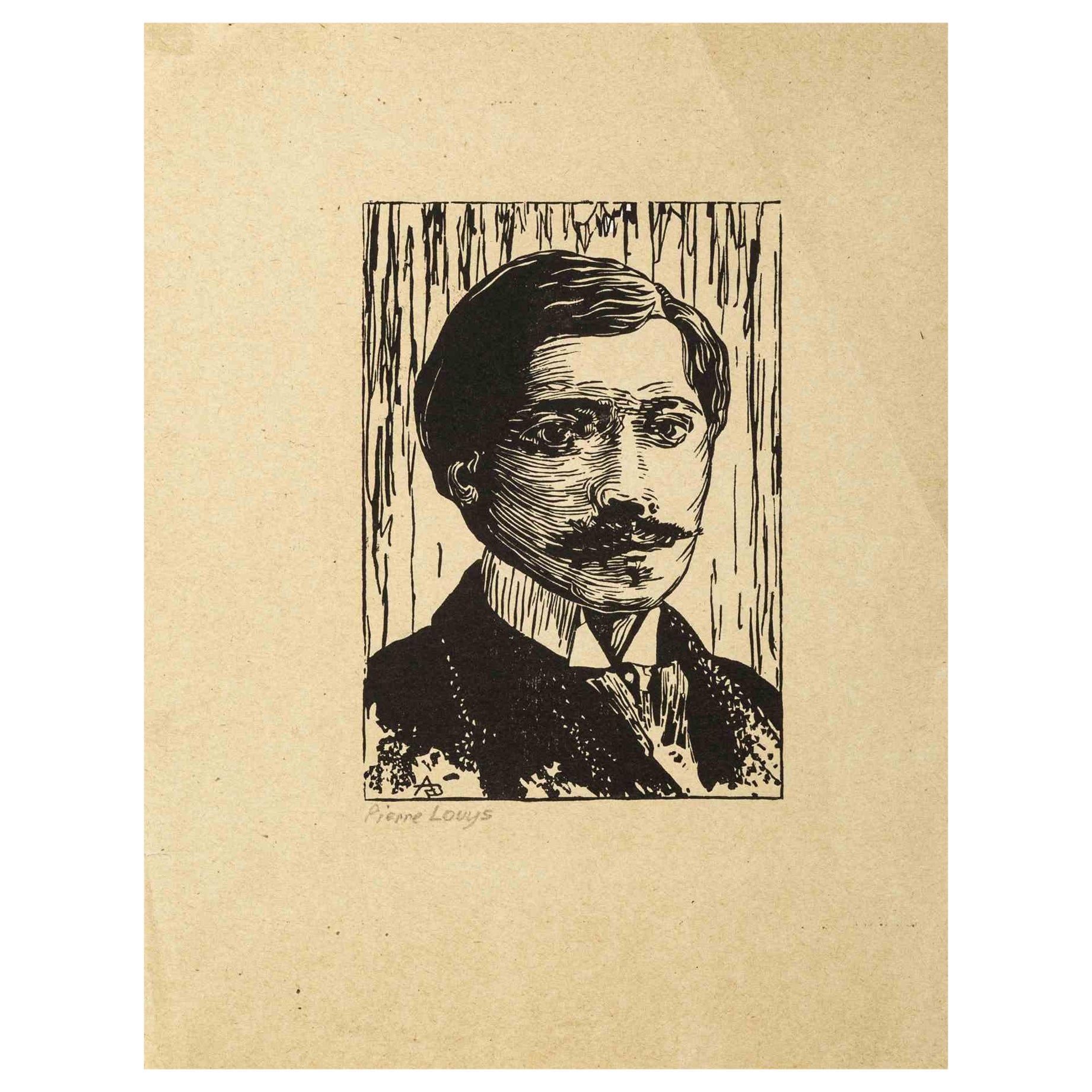 Figurative Print Edmond Cuisinier - Portrait de Pierre Louÿs - Impression sur bois par E. Cuisinier - Début du 20e siècle