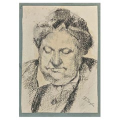 Antique Portrait - Original Charcoal Drawing By Edouard Dufeu - Late-19th Century