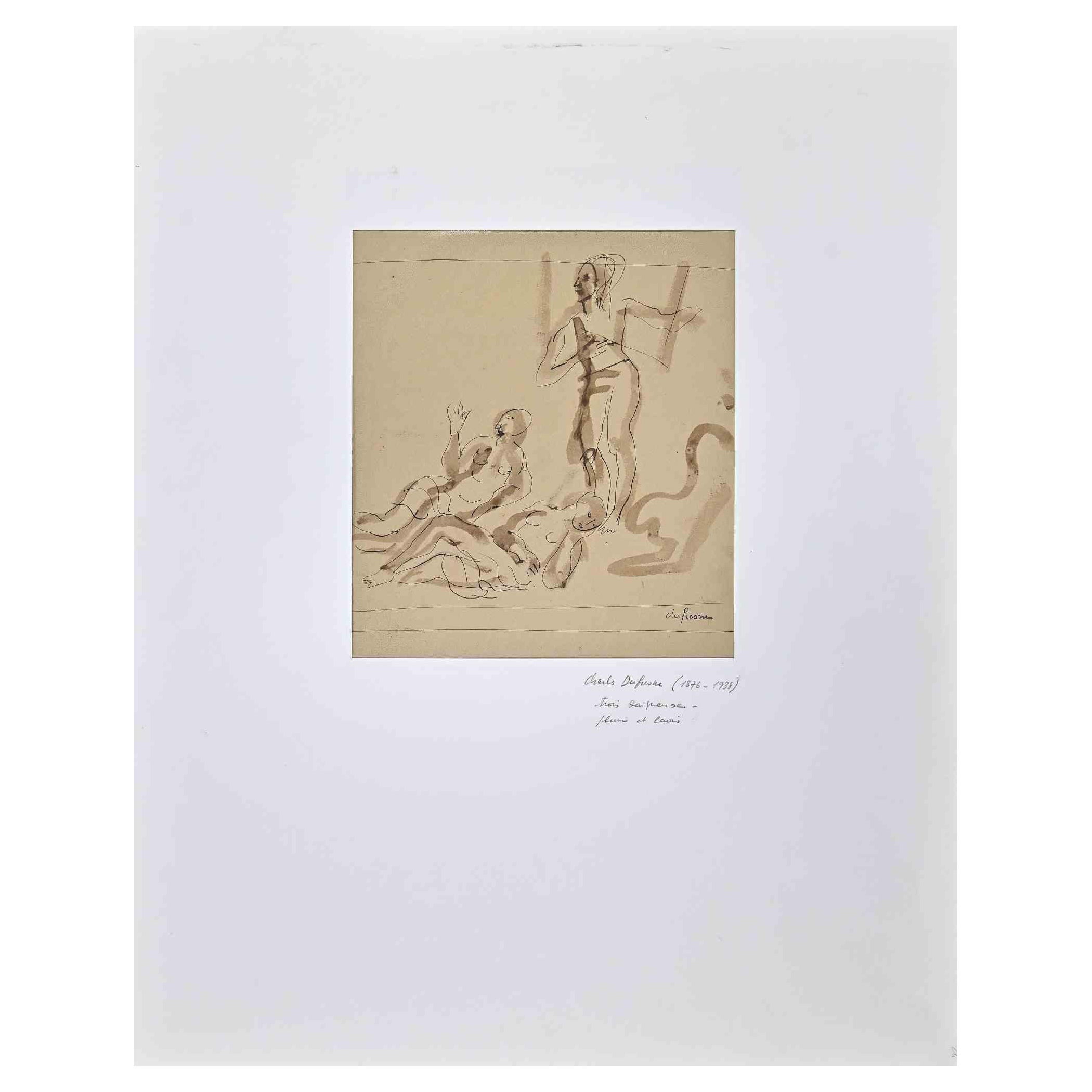 Figuren von Frauen – Originalzeichnung von Charles Dufresne – Anfang des 20. Jahrhunderts