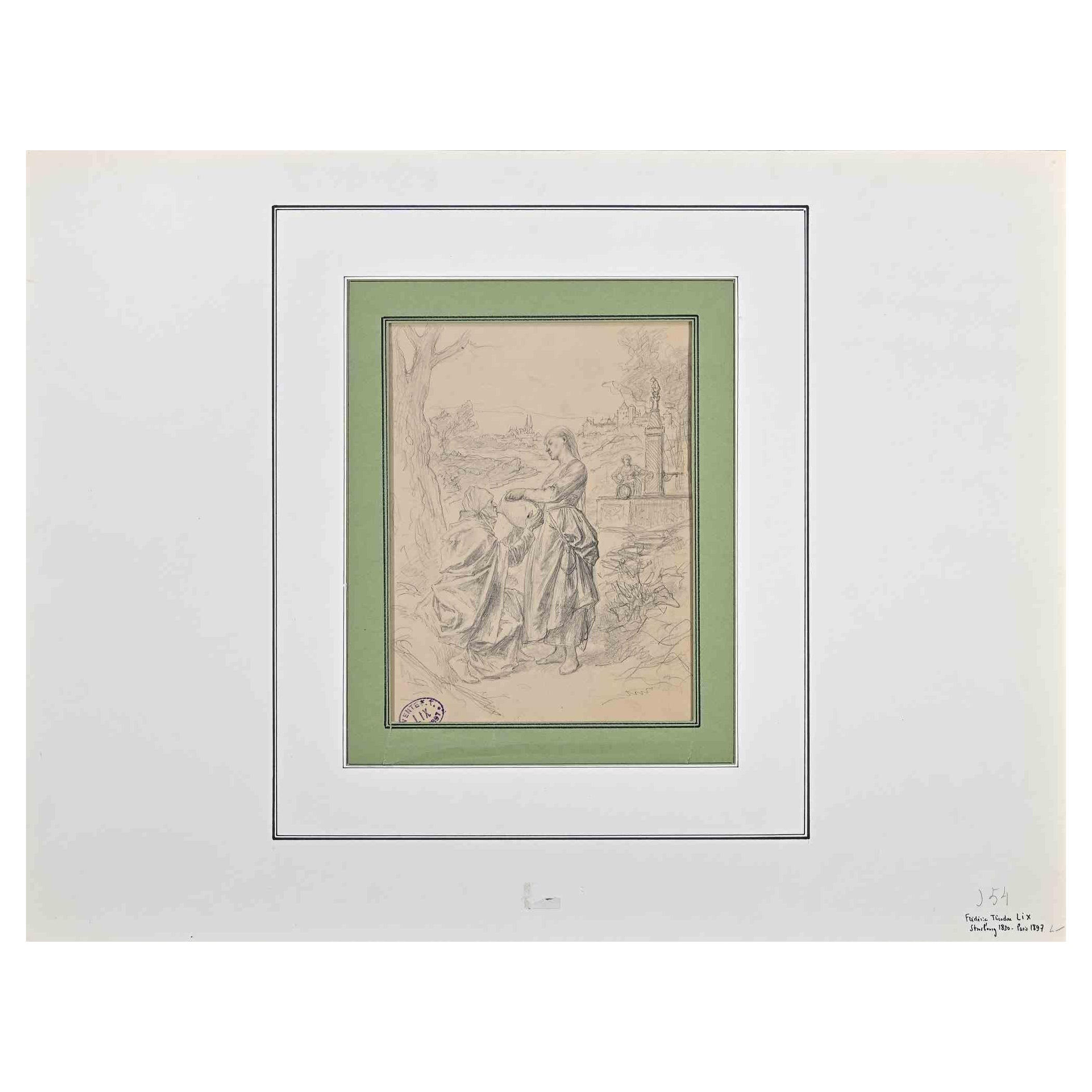 Figures de femmes - dessin original au crayon de Frédric Theodore Lix - XIXe siècle