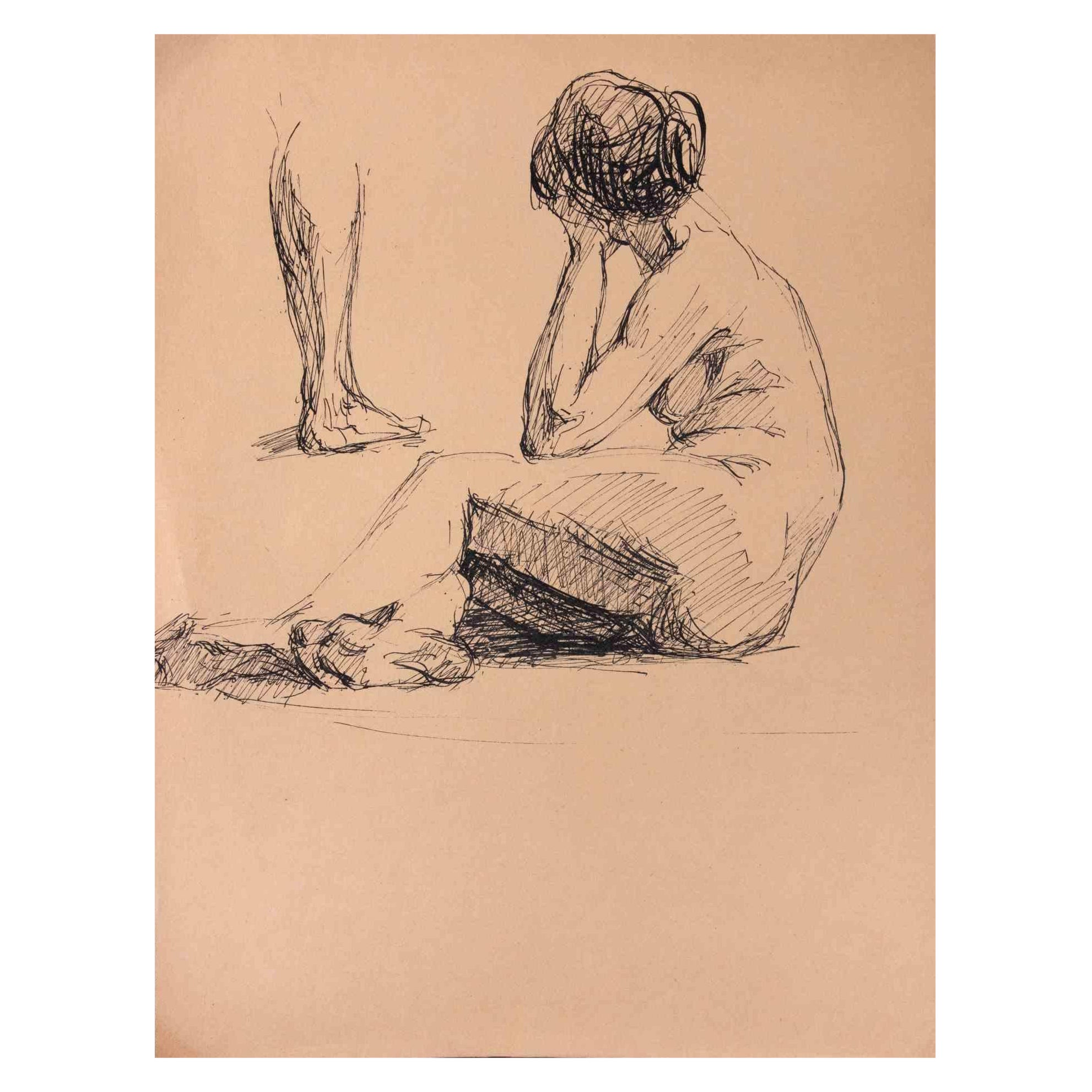 Nude Unknown - Nu de femme - Drawing original au stylo-crayon - Milieu du XXe siècle