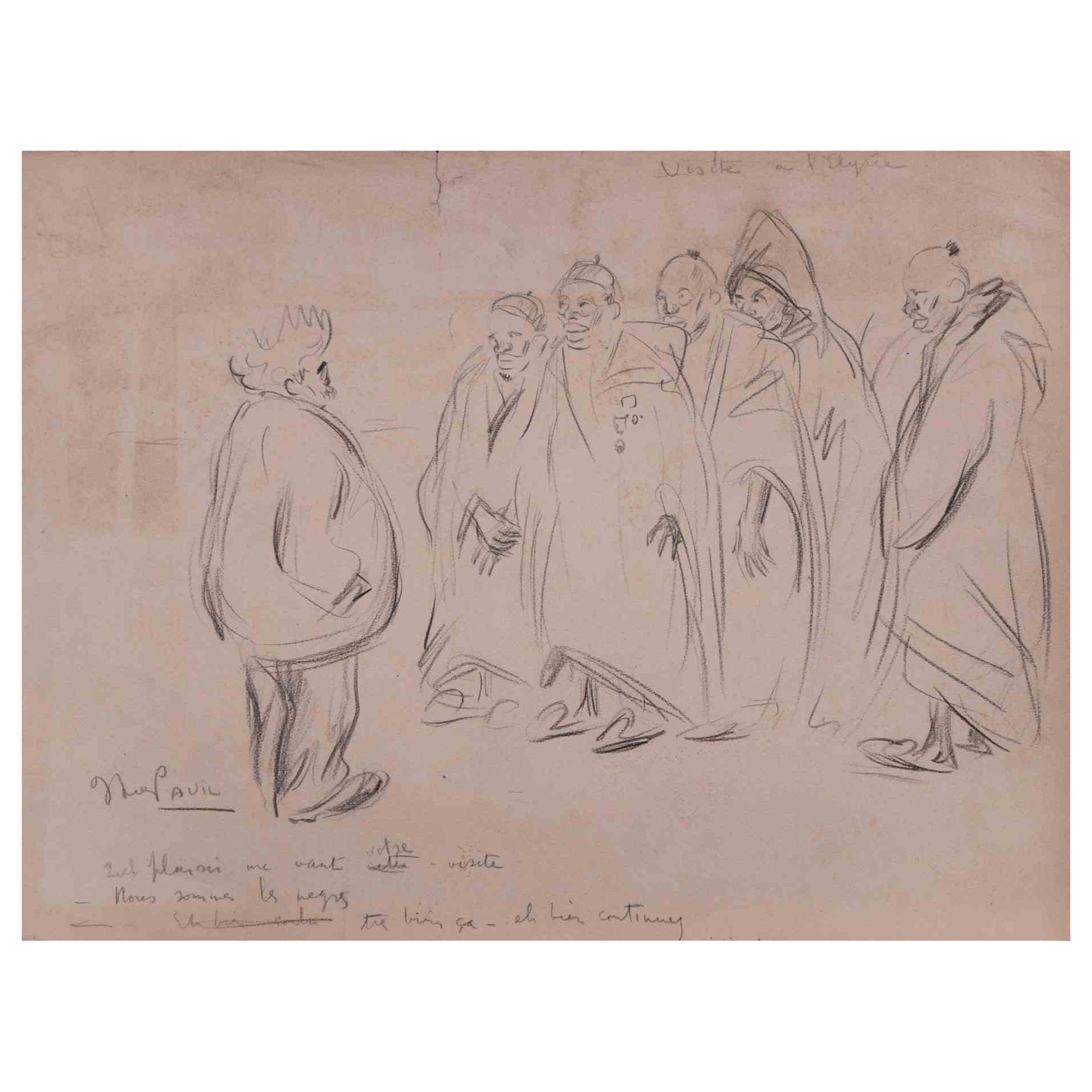 Visite a l'Elysée is an original artwork realized by Elie Anatole Pavil (1873-1948).

Original drawing on paper, realized on early-20th century, hand signed in pencil by the artist on the lower left corner. Insertion of a short dialogue on the lower