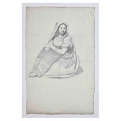 Woman – Original-Bleistiftzeichnung von Raymond Balze – Mitte des 19. Jahrhunderts