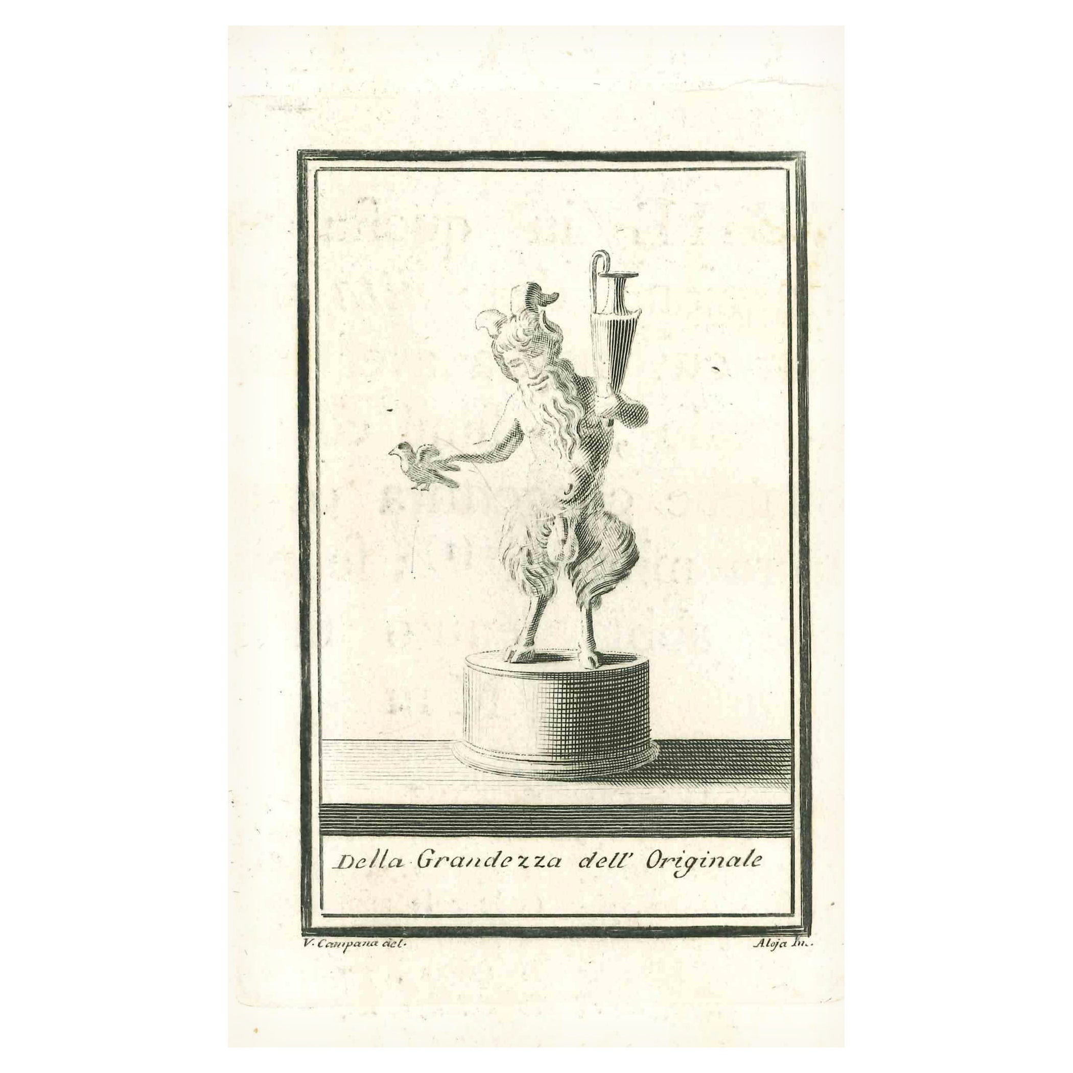 Ancient Roman Statue of Satyr, from the series "Antiquities of Herculaneum", is an original etching on paper realized by Vincenzo Aloja in the 18th century.
Signed on the plate on the lower right
Good conditions bu aged.
The etching belongs to the