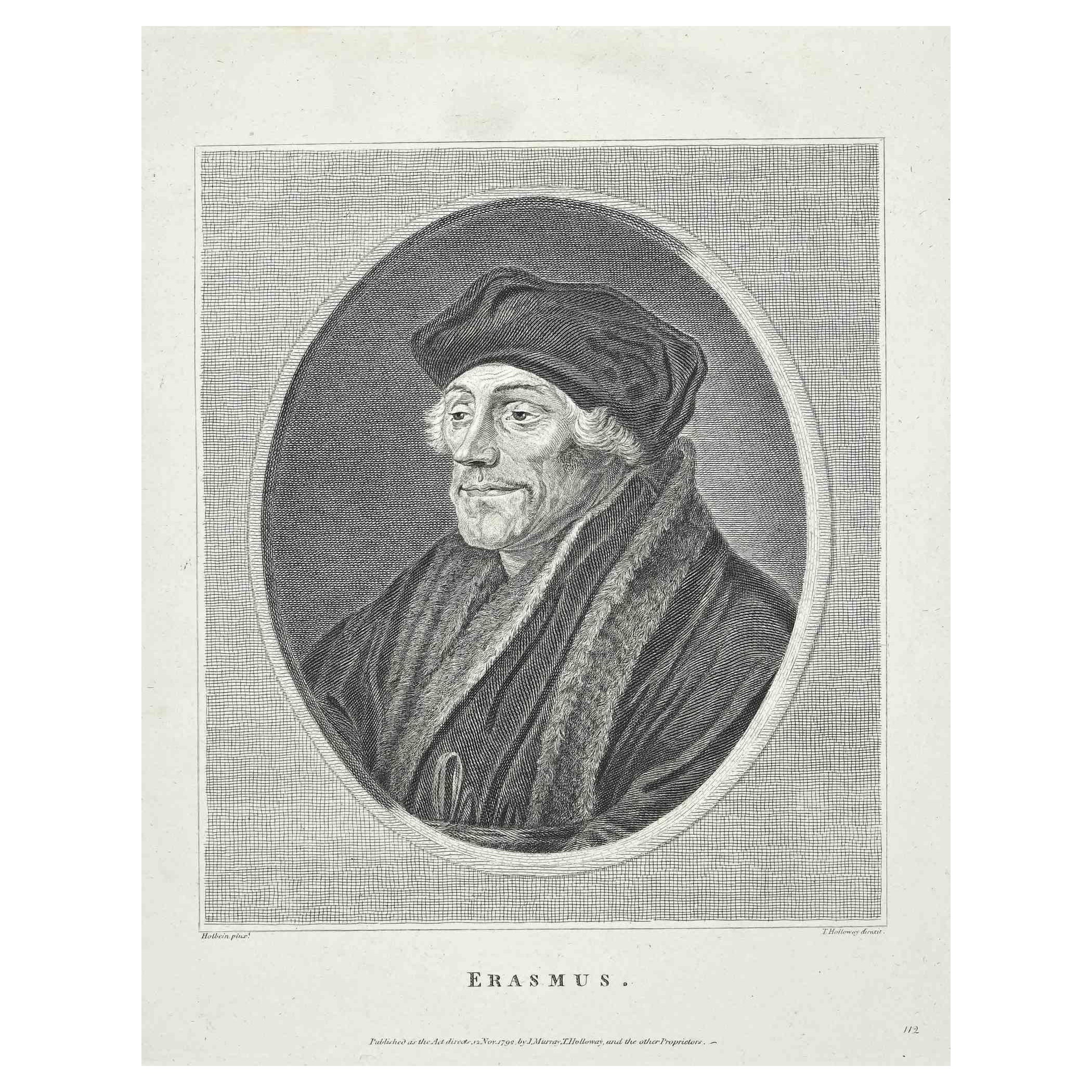 Portrait of Erasmusis an original etching artwork realized by Thomas Holloway for Johann Caspar Lavater's "Essays on Physiognomy, Designed to Promote the Knowledge and the Love of Mankind", London, Bensley, 1810. 

Signed on the plate.

Titled on