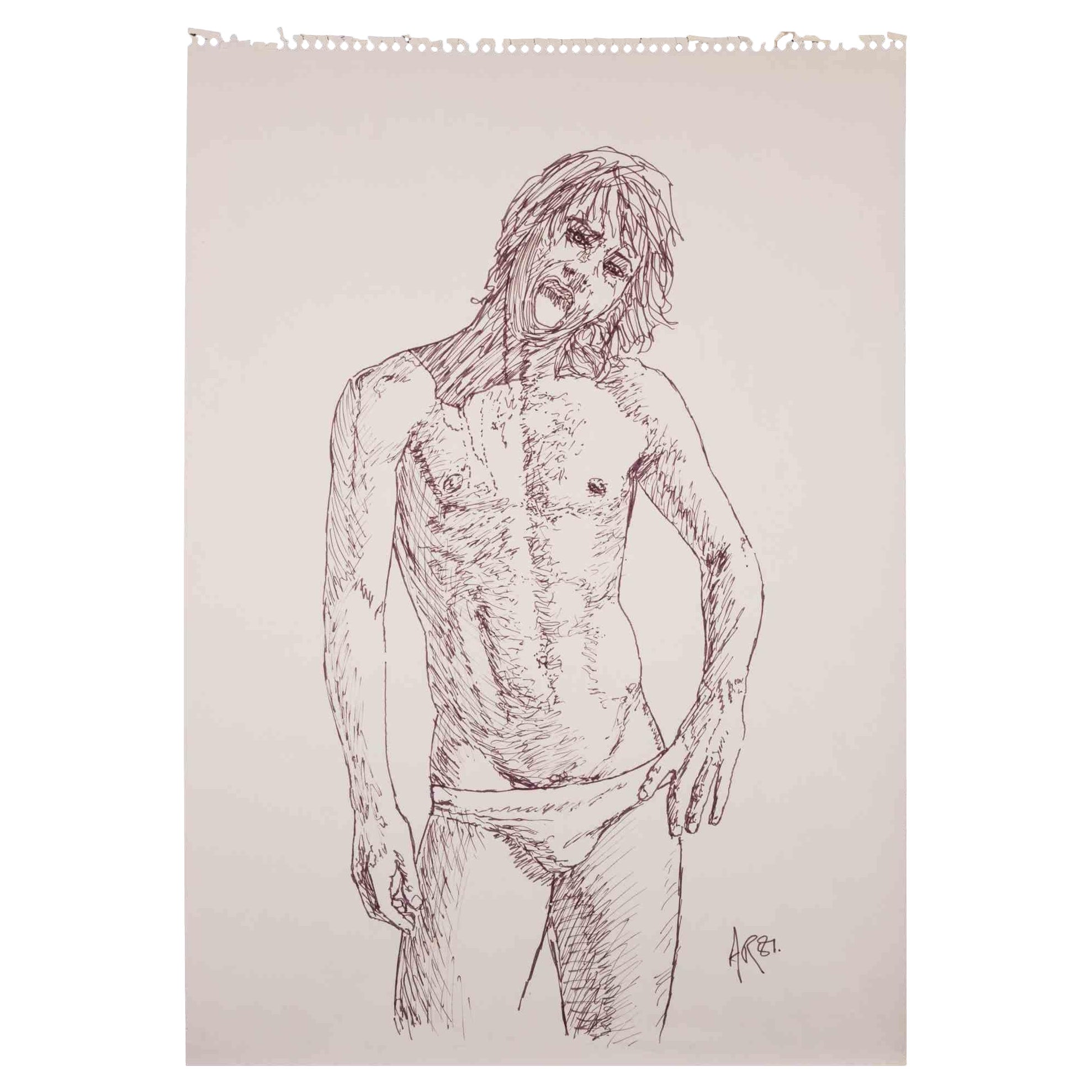 Portrait of a boy  is an original drawing pen realized by Anthony Roaland in 1981. Hand-signed and dated by the artist on the lower right margin. 

In the foreground the figure is depicted while his mouth makes a face.

Good conditions.
