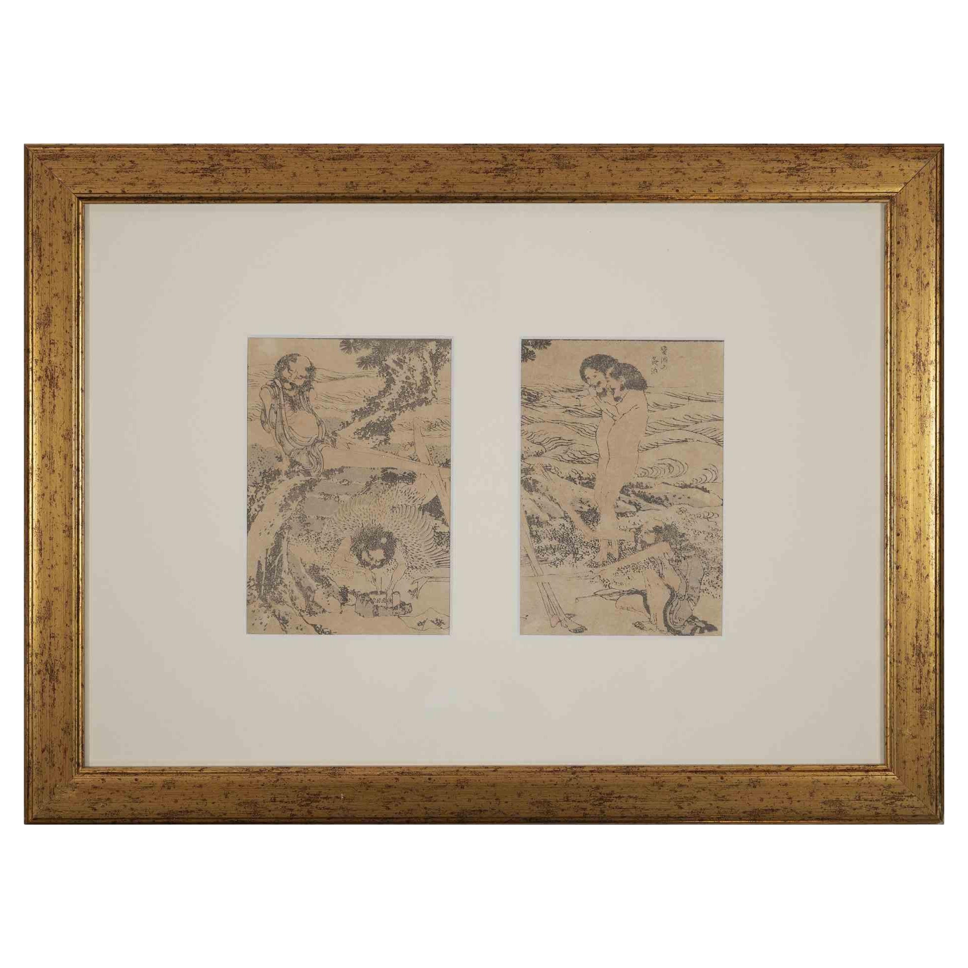 Oriental figures is an original modern artwork realized after Katsushika Hokusai in the late 19th Century.

Black and white woodcut print.

Includes a gilded frame.