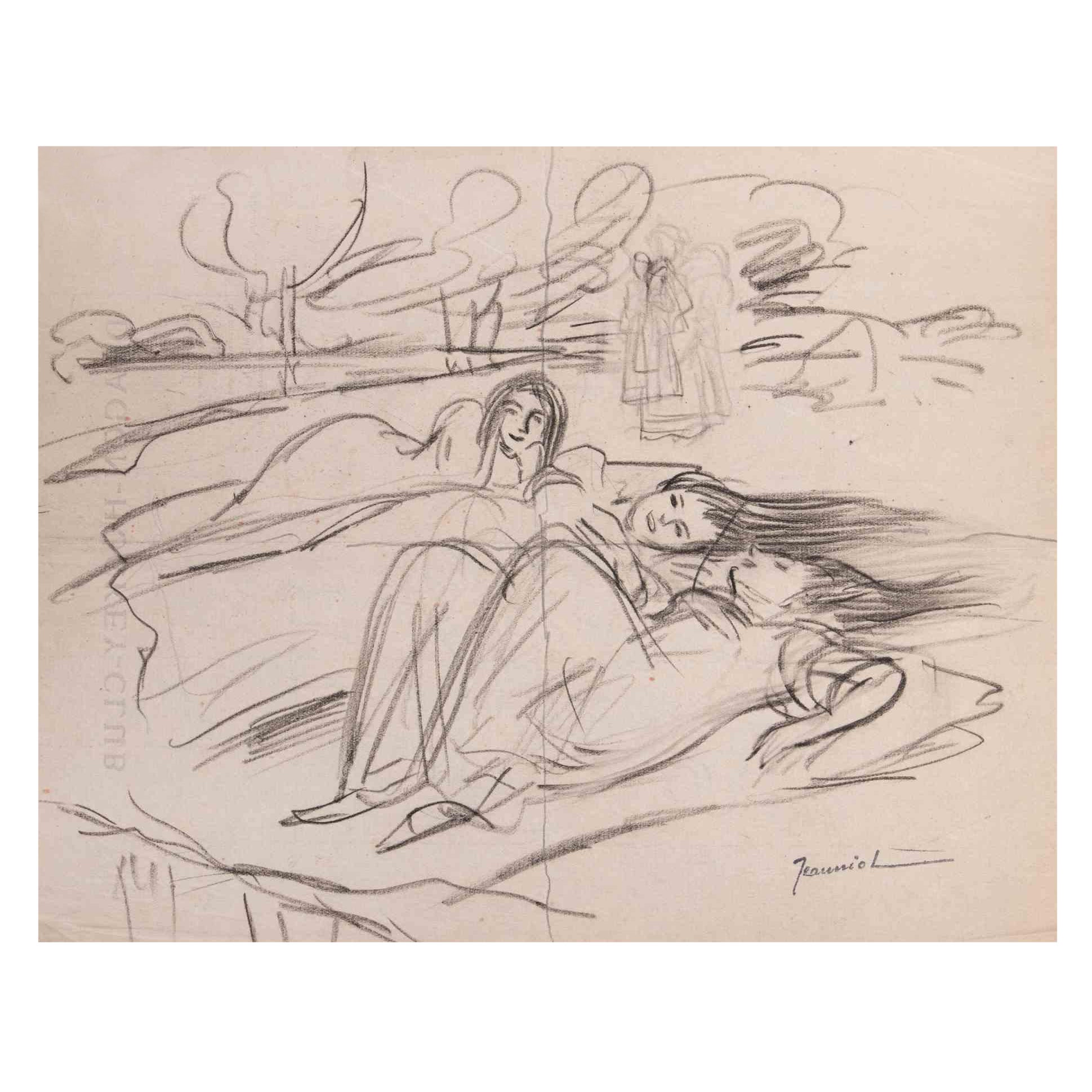 Figures - Drawing in pencil By Pierre Georges Jeanniot - Early 20th Century