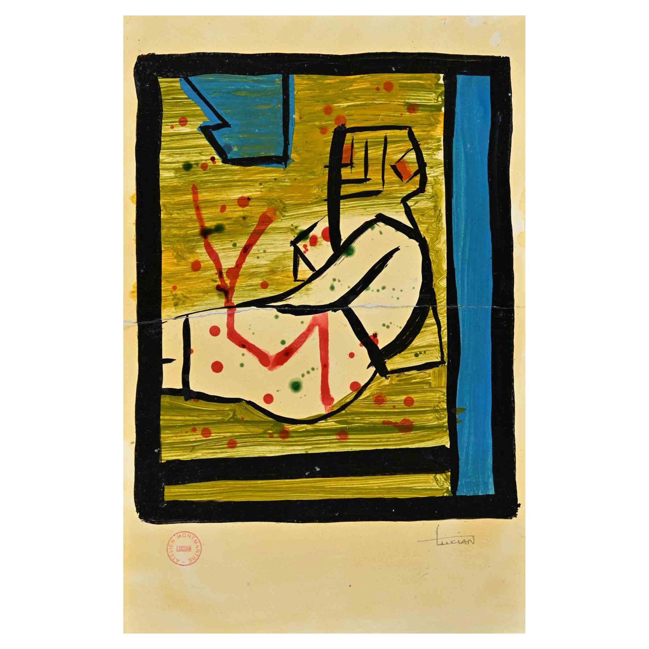 Abstrakte Komposition ist ein Original Tempera und Aquarell auf Papier auf Holz von Lucian im 20. Jahrhundert realisiert.

Handsigniert, auch der Stempel des Atelier Montmartre.
