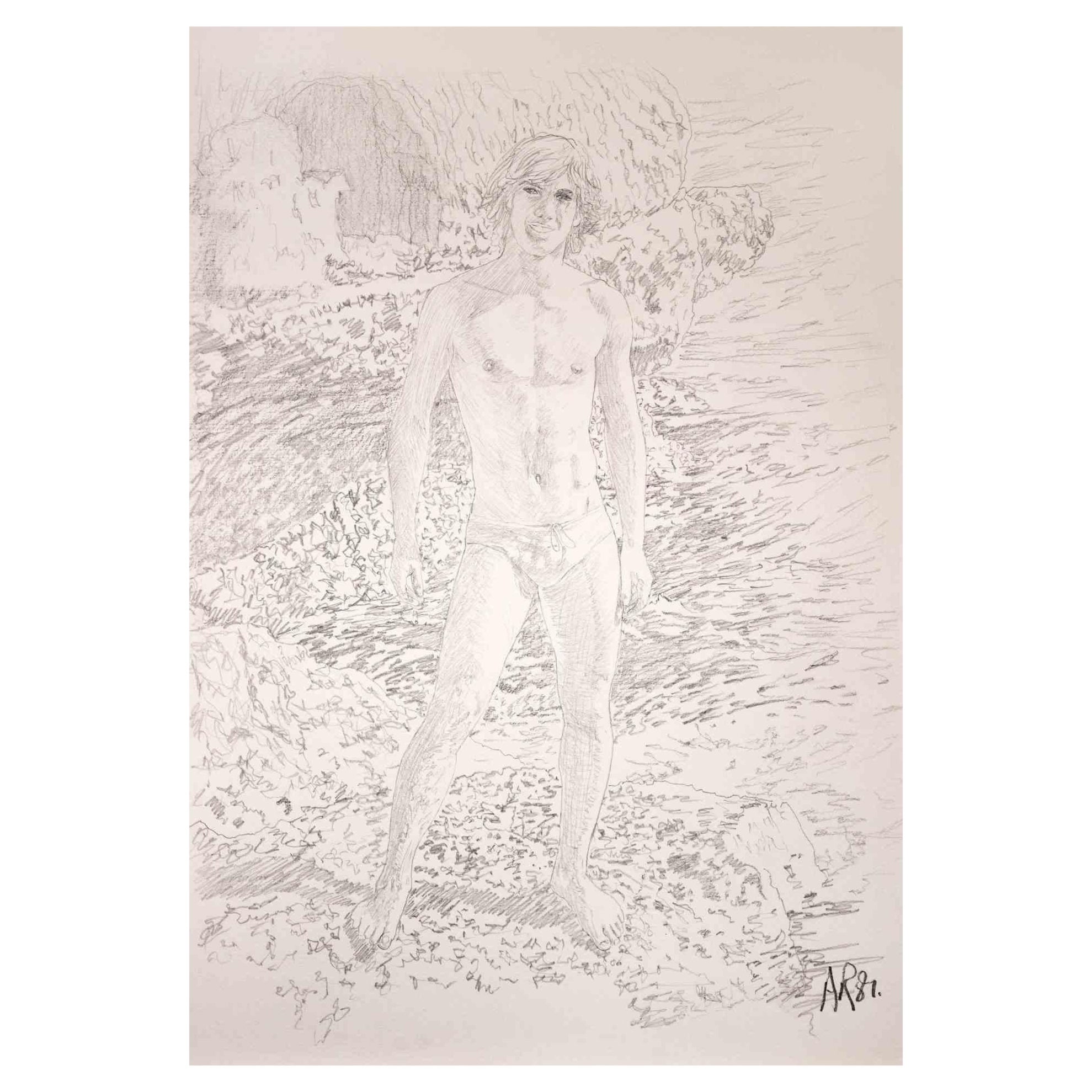 Boy on a cliff  is an original drawing on pencil realized by Anthony Roaland in 1981. Hand-signed and dated by the artist on the lower right margin. 

In the foreground the figure is depicted with a delicate style. In the back the rocky