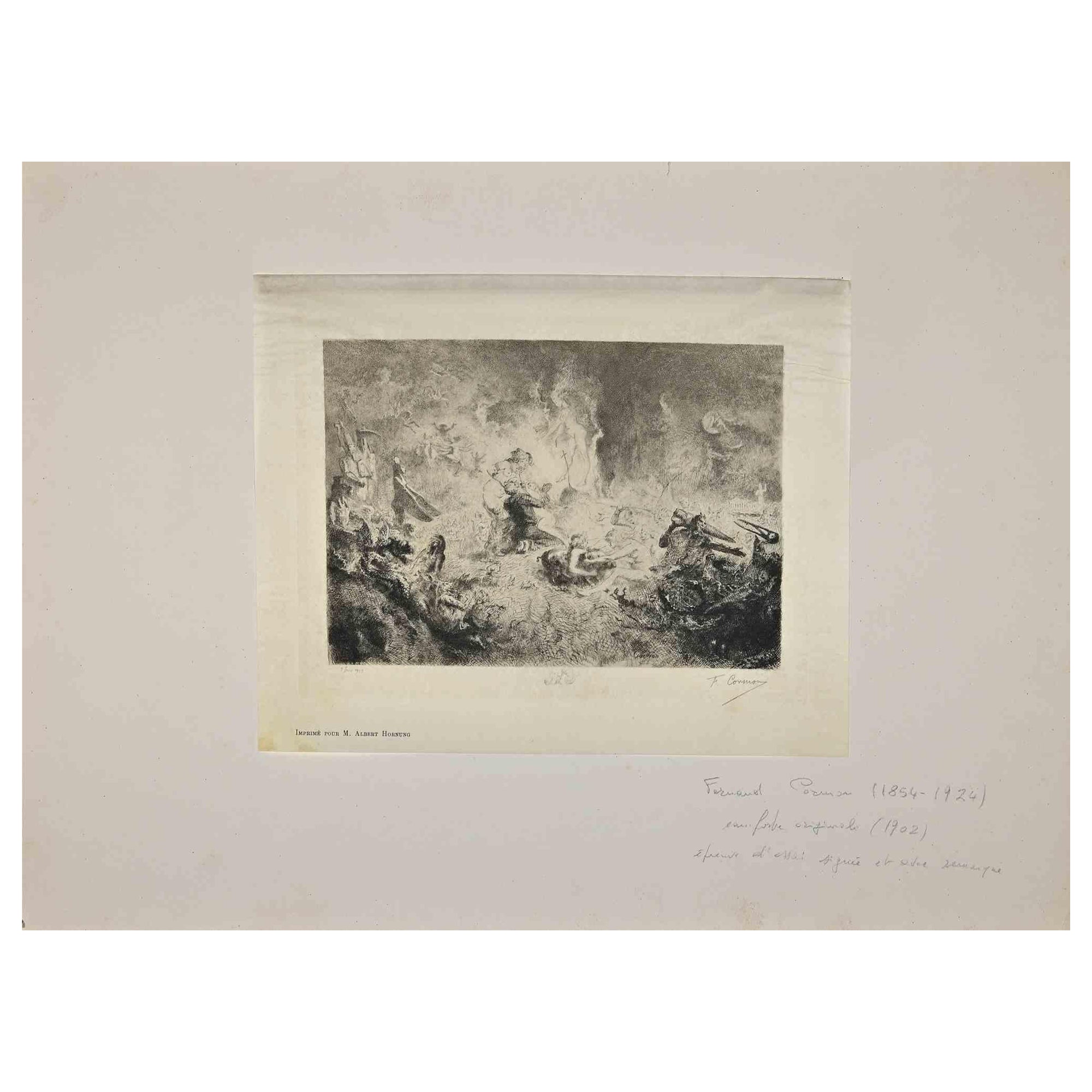 Mythologische Komposition ist eine Originalradierung von Fernand Cormon (1854-1924) aus dem Jahr 1902.

Guter Zustand, einschließlich eines Papp-Passpartouts (45x63 cm).

Handsigniert vom Künstler in der rechten unteren Ecke.

Gedruckt von M. Albert