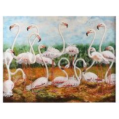 Pink Flamingo's - Large Contemporary Spanish Oil Painting - Beautiful Frame