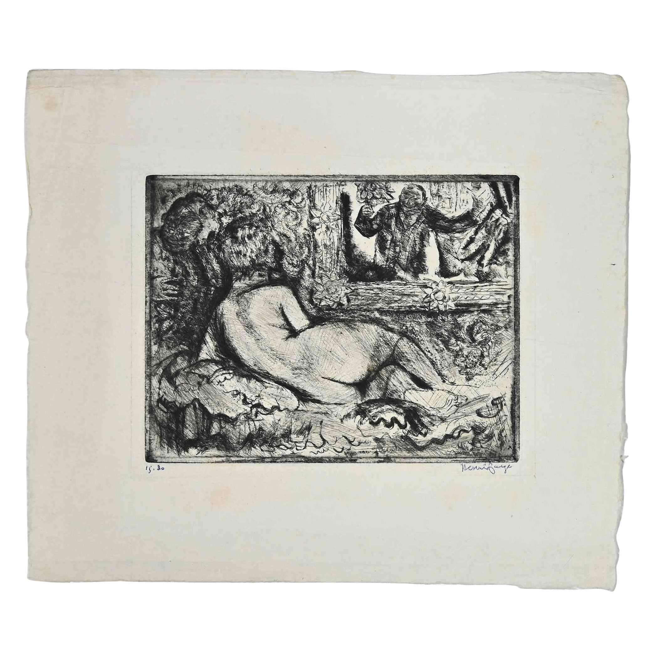 Nu de dos est une œuvre d'art moderne originale réalisée dans les premières décennies du 20e siècle par l'artiste français  Henri Farge  (1884-1970).

Gravure originale sur papier ivoire. 

Signé à la main au stylo par l'artiste dans le coin