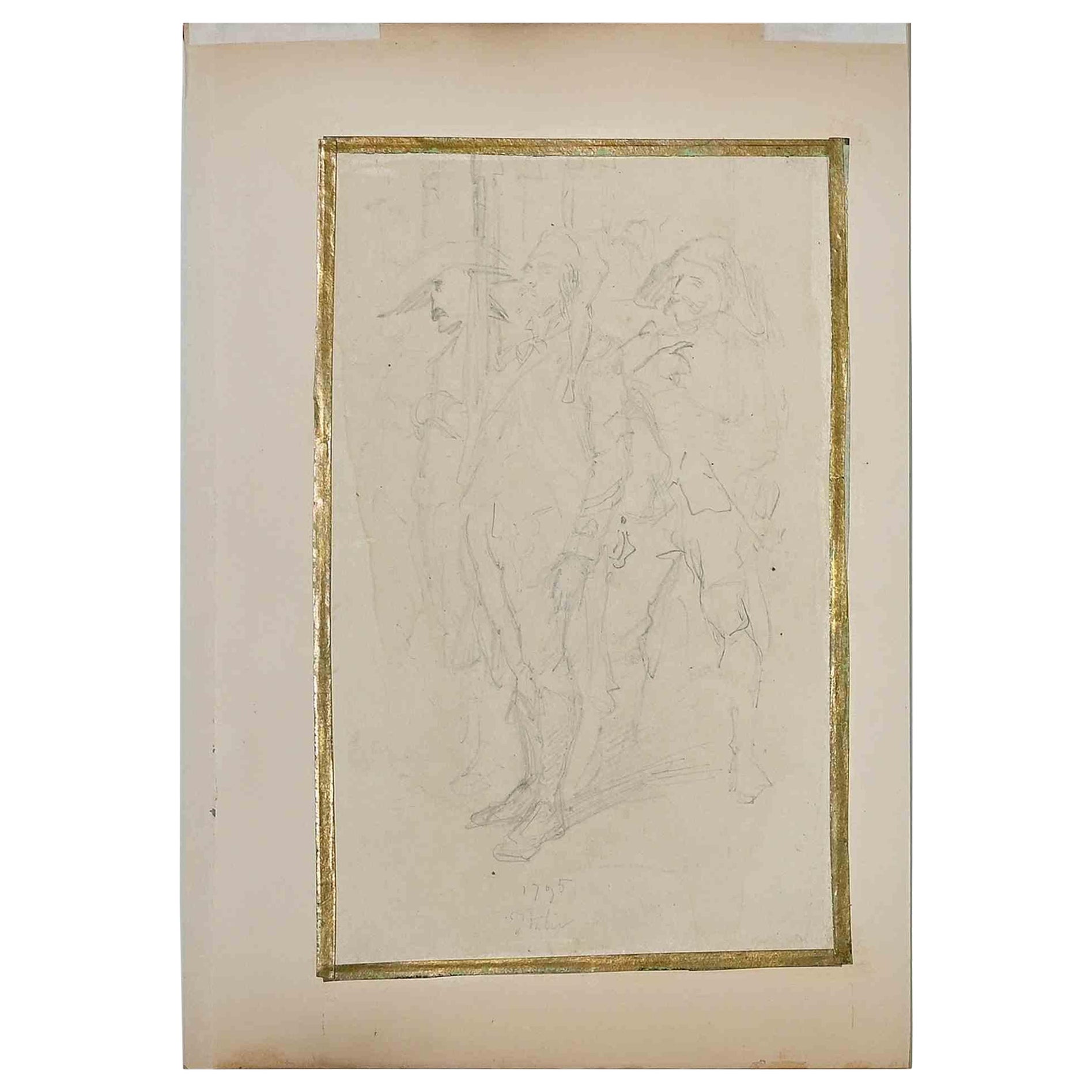 Soldiers - Original Drawing by Jules David - 19th Century