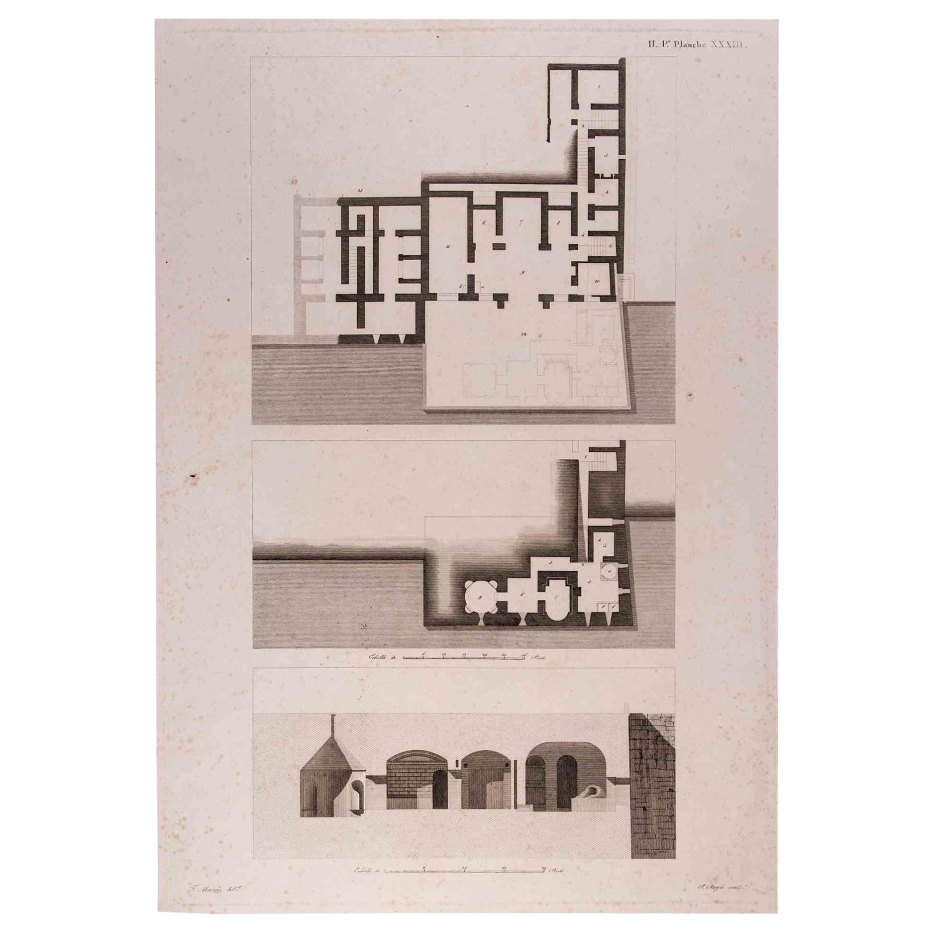 Interior Plan is an original etching realized  by François Mazoit in the 19th century.

Plate-signed on the lower right. 

Good conditions with diffused foxing spots.