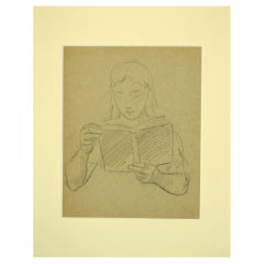 Vintage Reading Woman - Pencil Drawing - 1940s
