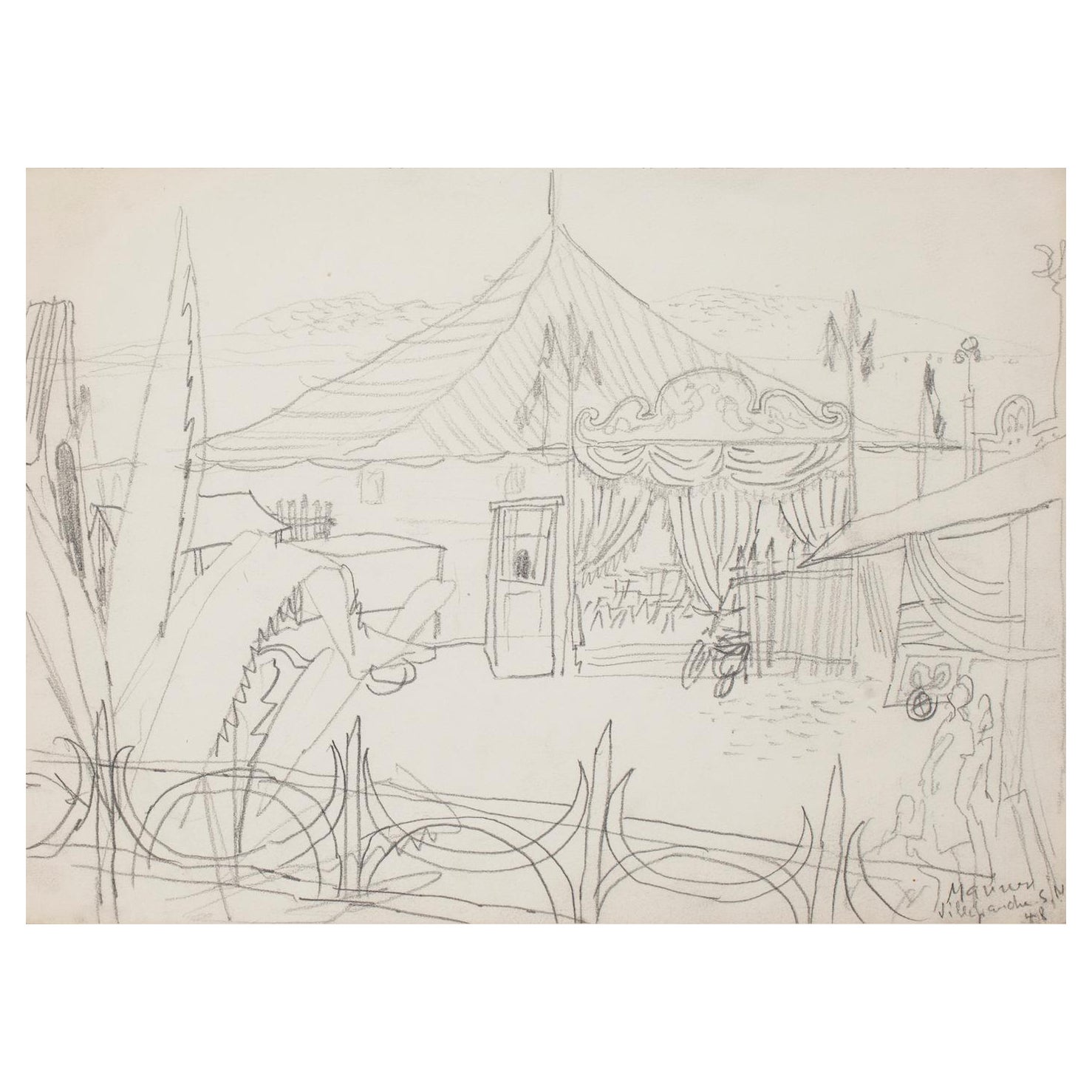 Géo François Figurative Art - Circus in Villefranche-sur-Mer- Drawing in Pencil - 1948