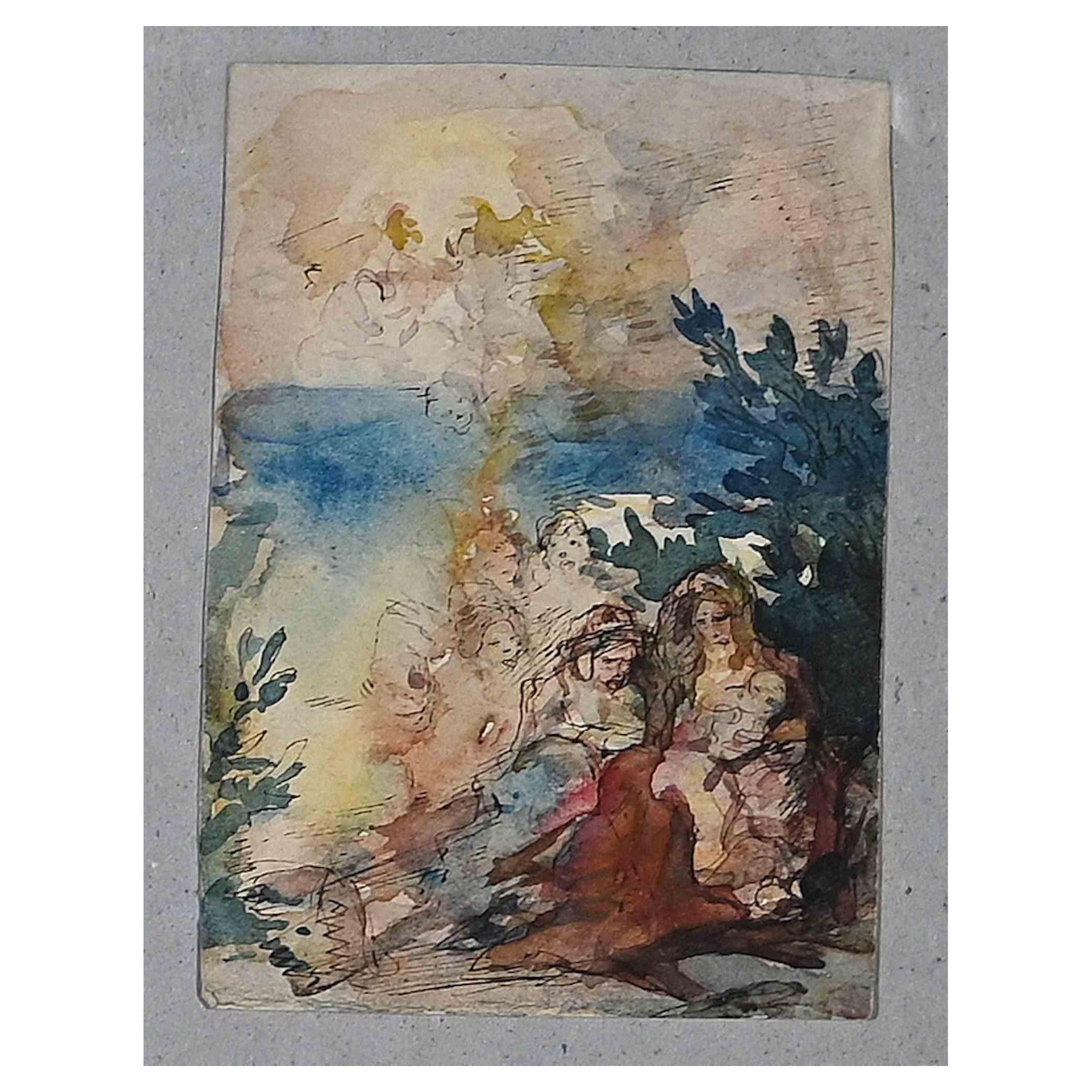 Figurative Art Gustave Bourgogne - La famille - Dessin  l'encre et  l'aquarelle - Dbut du XXe sicle