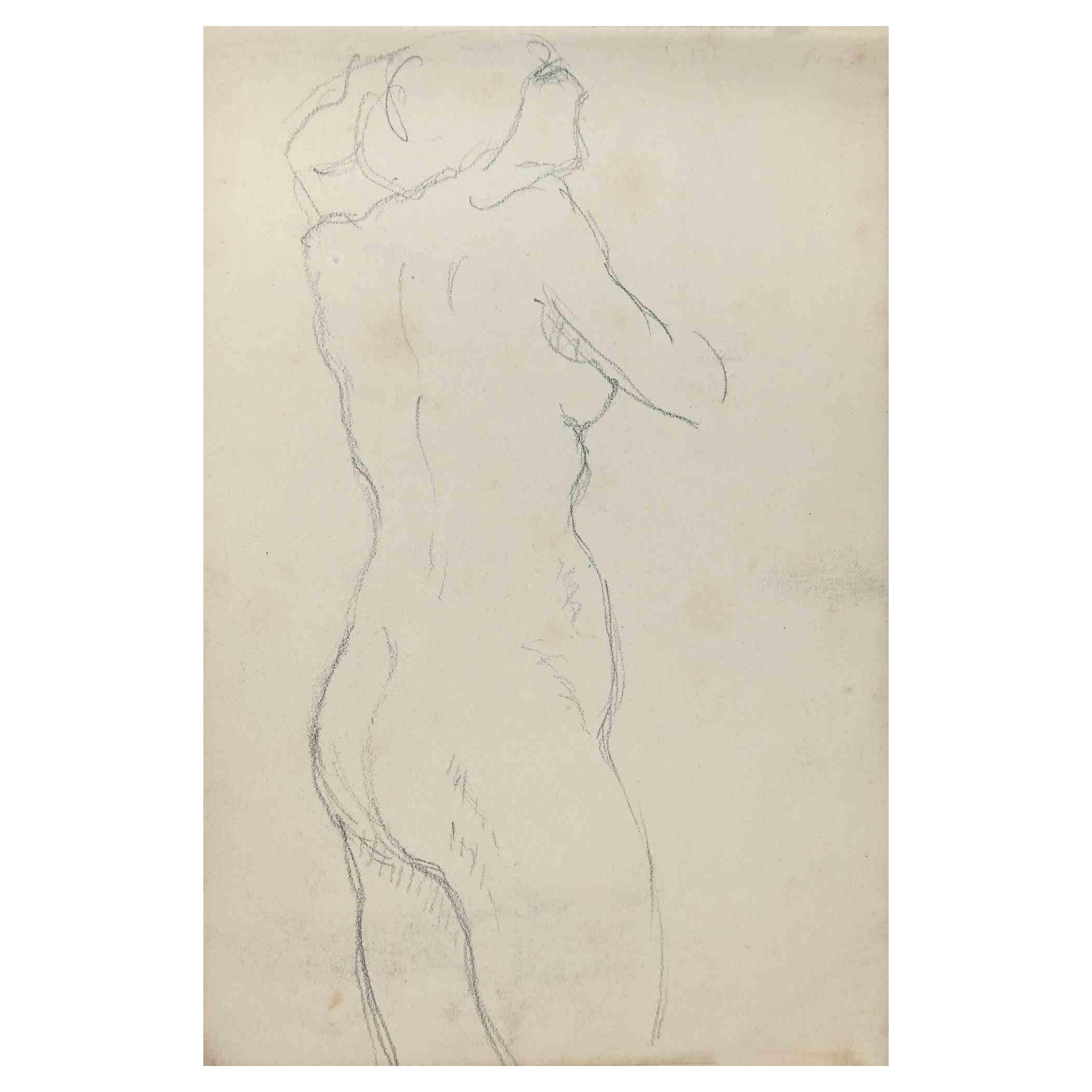 Flor David Figurative Art - Nude - Pencil Drawing by Flor-David - Mid 20th Century