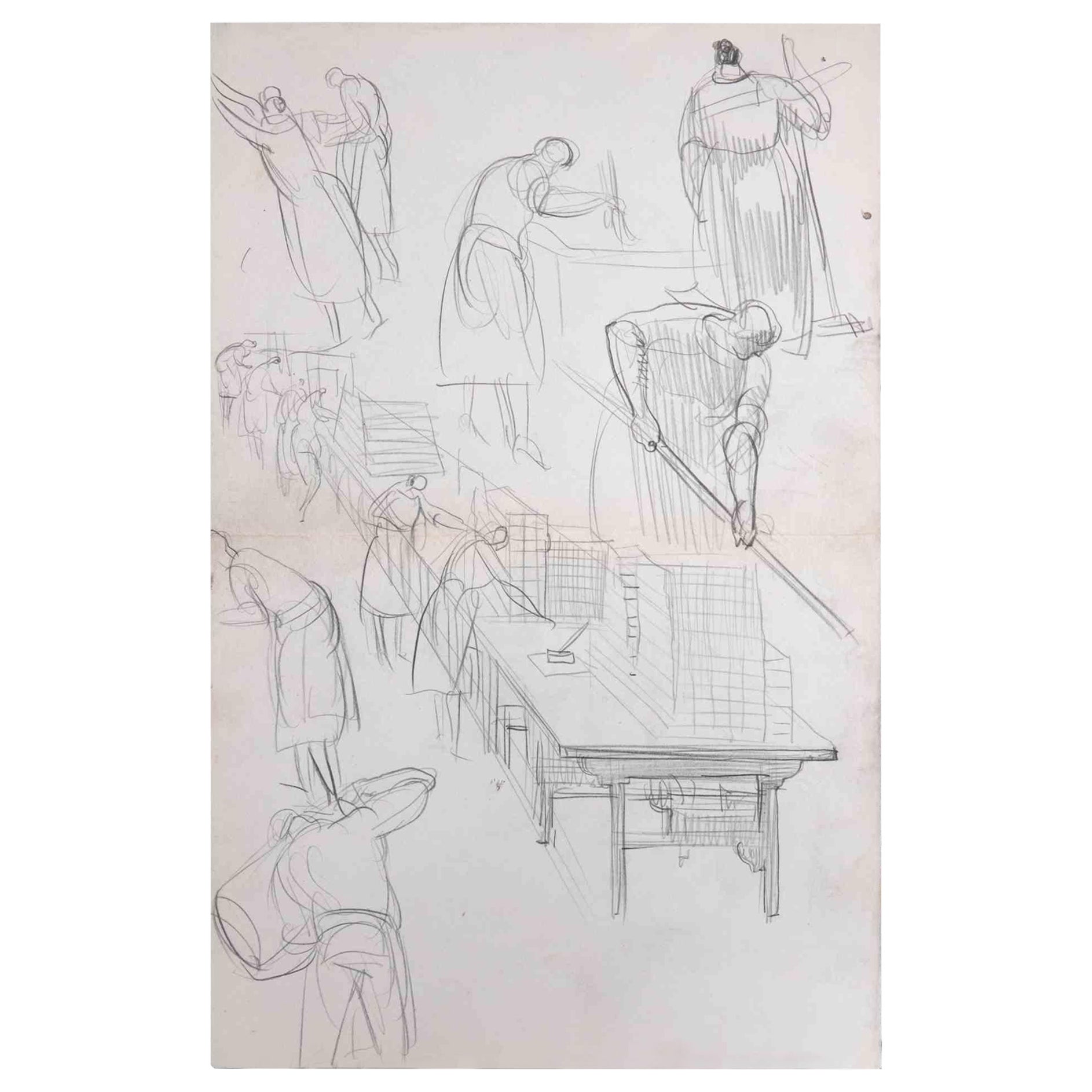 Auguste Leroux Figurative Art - Sketches of Workers - Original Drawing - Early 20th Century