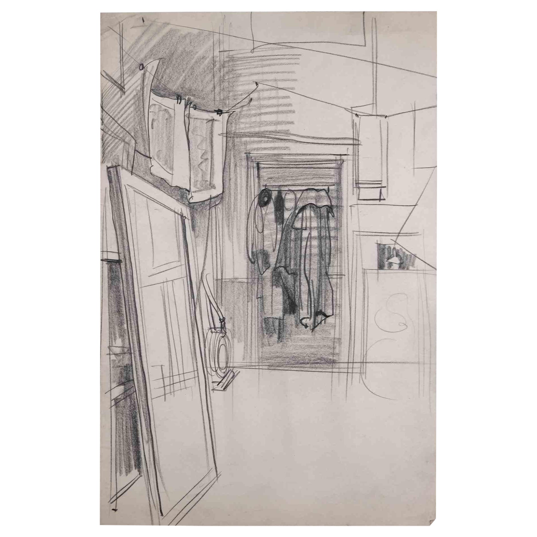 Interior Art Gustave Bourgogne - Croquis d'un intrieur - Dessin au crayon - Milieu du XXe sicle