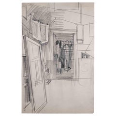 Retro Sketch of an Interior - Pencil Drawing - Mid 20th century