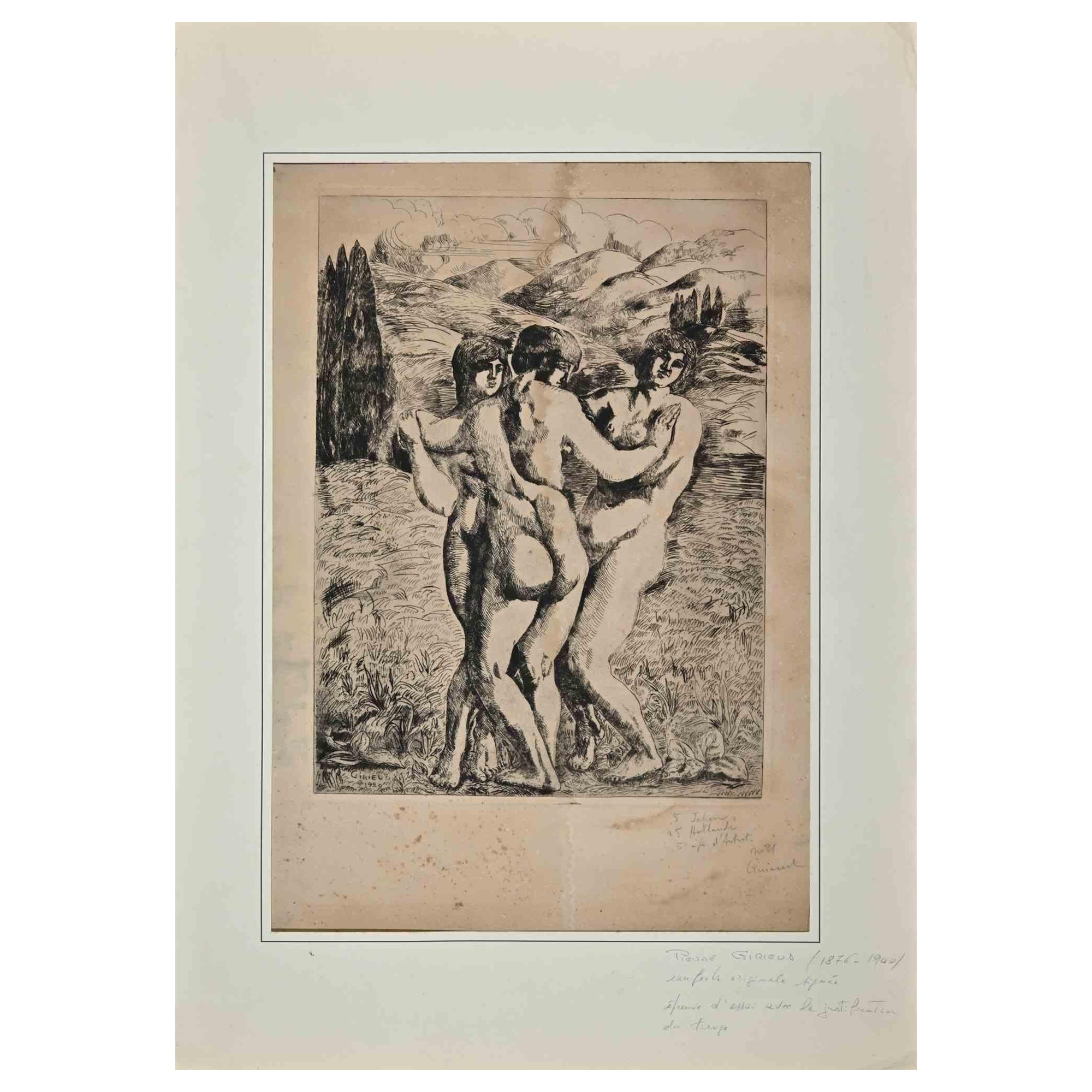 Trois figures est une gravure et une pointe sèche originales réalisées par Pierre Girieud (1876-1940).

Foxing et taches sur le centre supérieur.

Comprend un passe-partout en carton blanc (69x49 cm).

Signé à la main dans le coin inférieur