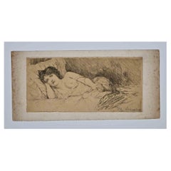 Nude of Woman - Original Etching and Drypoin by René Lorrain -Early 20th Century