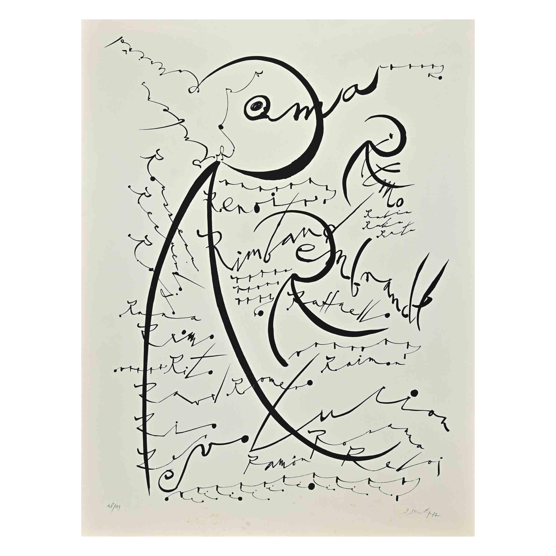 Letter R from Alphabet series is an original lithograph realized by Rafael Alberti in 1972.

Hand-signed and dated on the lower margin.

Numbered on the lower margin. Edition 48/99

Good conditions

The artwork represents alphabet letter Z, with a
