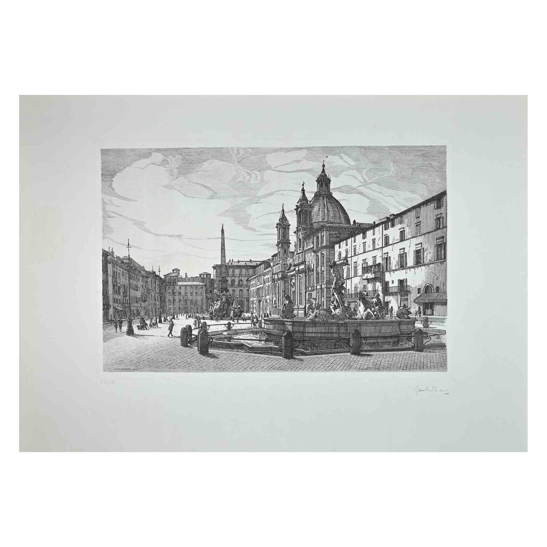 Der Blick auf die Piazza Navona ist ein originales zeitgenössisches Kunstwerk des italienischen Künstlers Giuseppe Malandrino aus dem Jahr 1970  (Modica, 1910 - Rom, 1979).
 
Radierung auf Karton.
 
Handsigniert mit Bleistift in der rechten unteren
