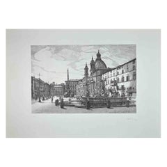 Vintage View of Piazza Navona - Original Etching by Giuseppe Malandrino - 1970s