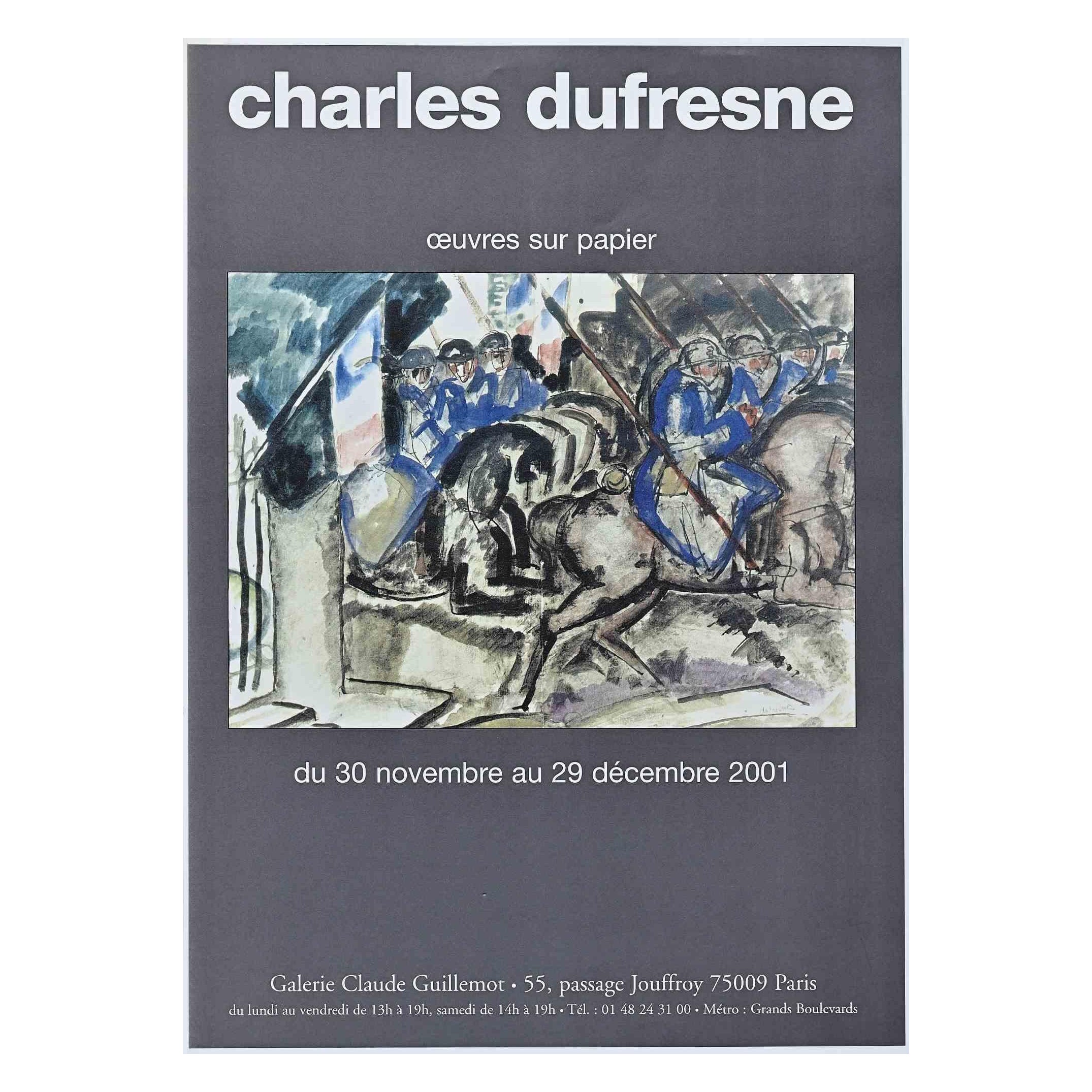 Oeuvres sur Papier is a vintage Poster realized for the exhibition of Charles Dufresne in 2001.

In the Galerie Claude Guillemot in Paris, from novembre to december 2001.

Stamp on a grey paper, good condition.
