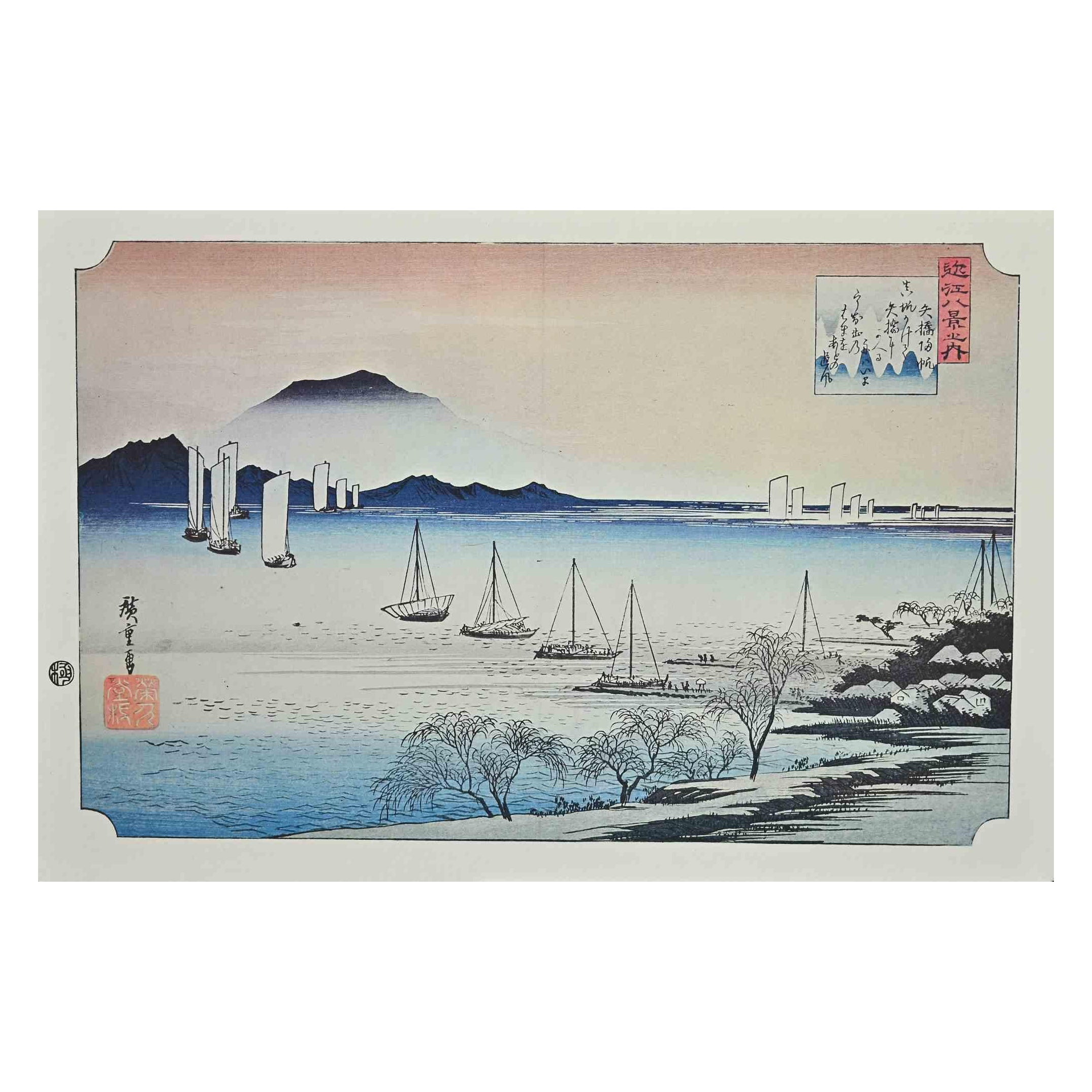 Figurative Print di Utagawa Hiroshige - Barche all'alba - Otto punti panoramici a Oomi