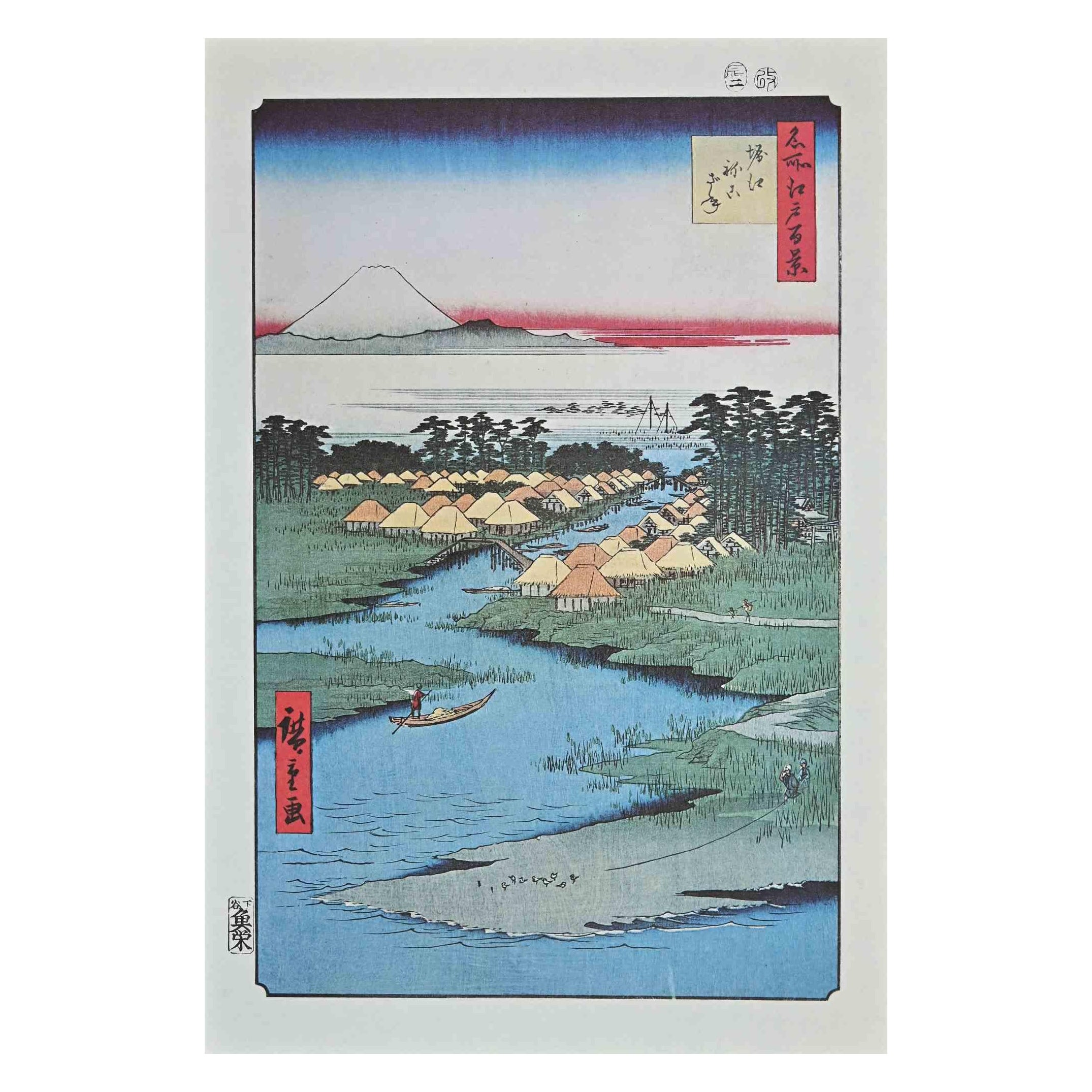 Utagawa Hiroshige Figurative Print – Japanische japanische Häuser an der Küste